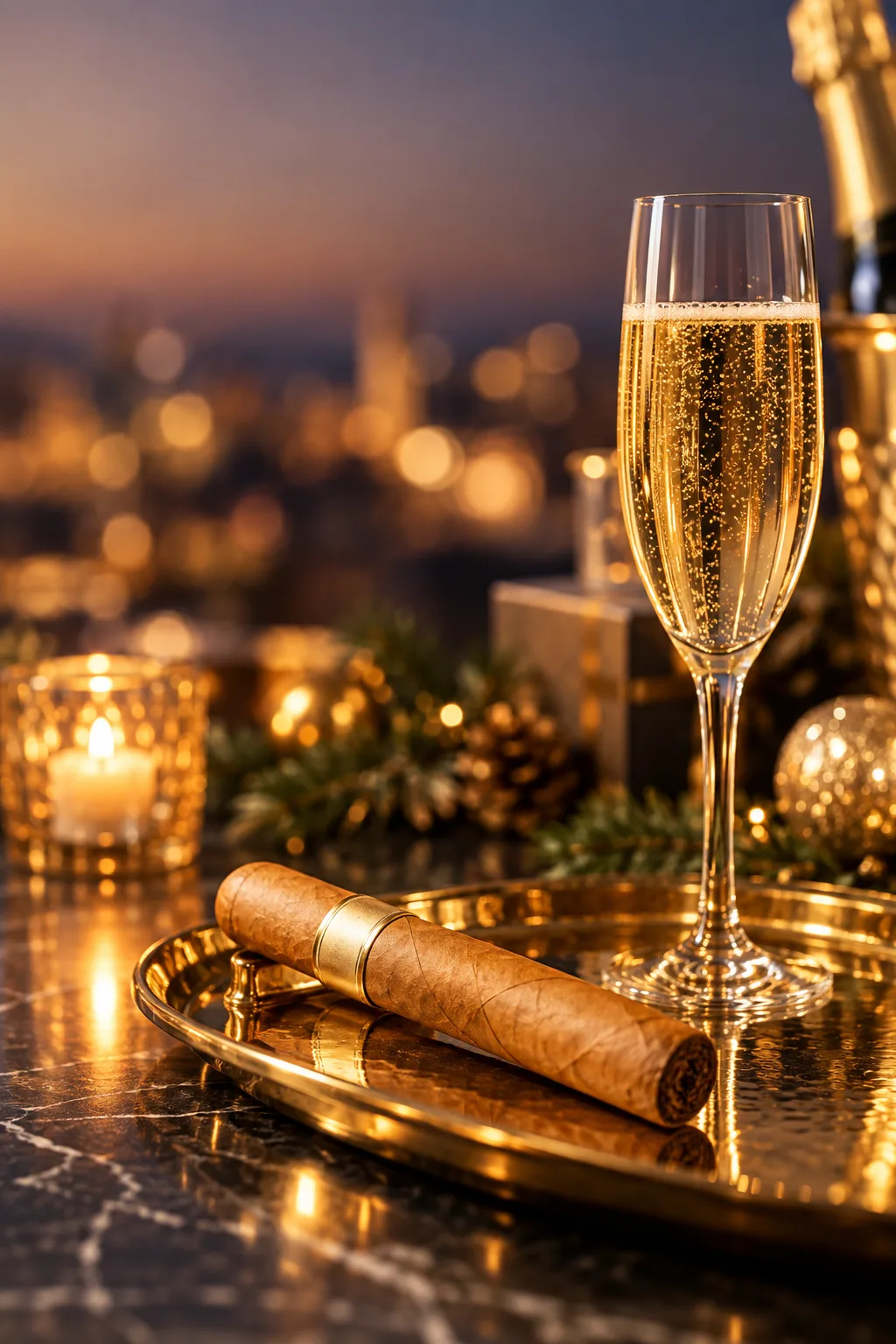 Cigar Gift for Him: golden-wrapper cigar with a glass of Champagne on a gold tray