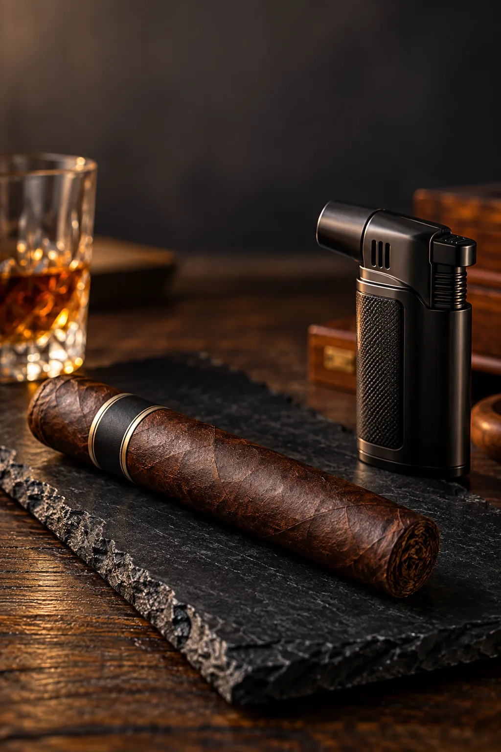 Cigar Gift for Him: dark oily cigar on a black slate with a lighter