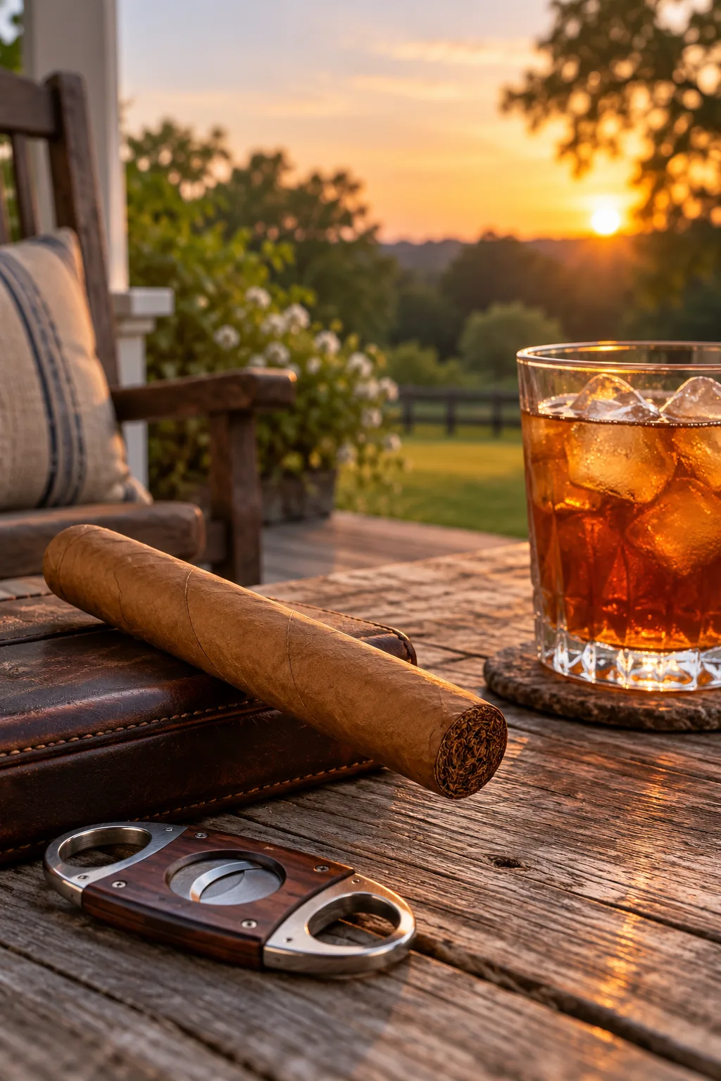 Cigar Gift for Him: mild cigar with a cutter on a porch table at golden hour