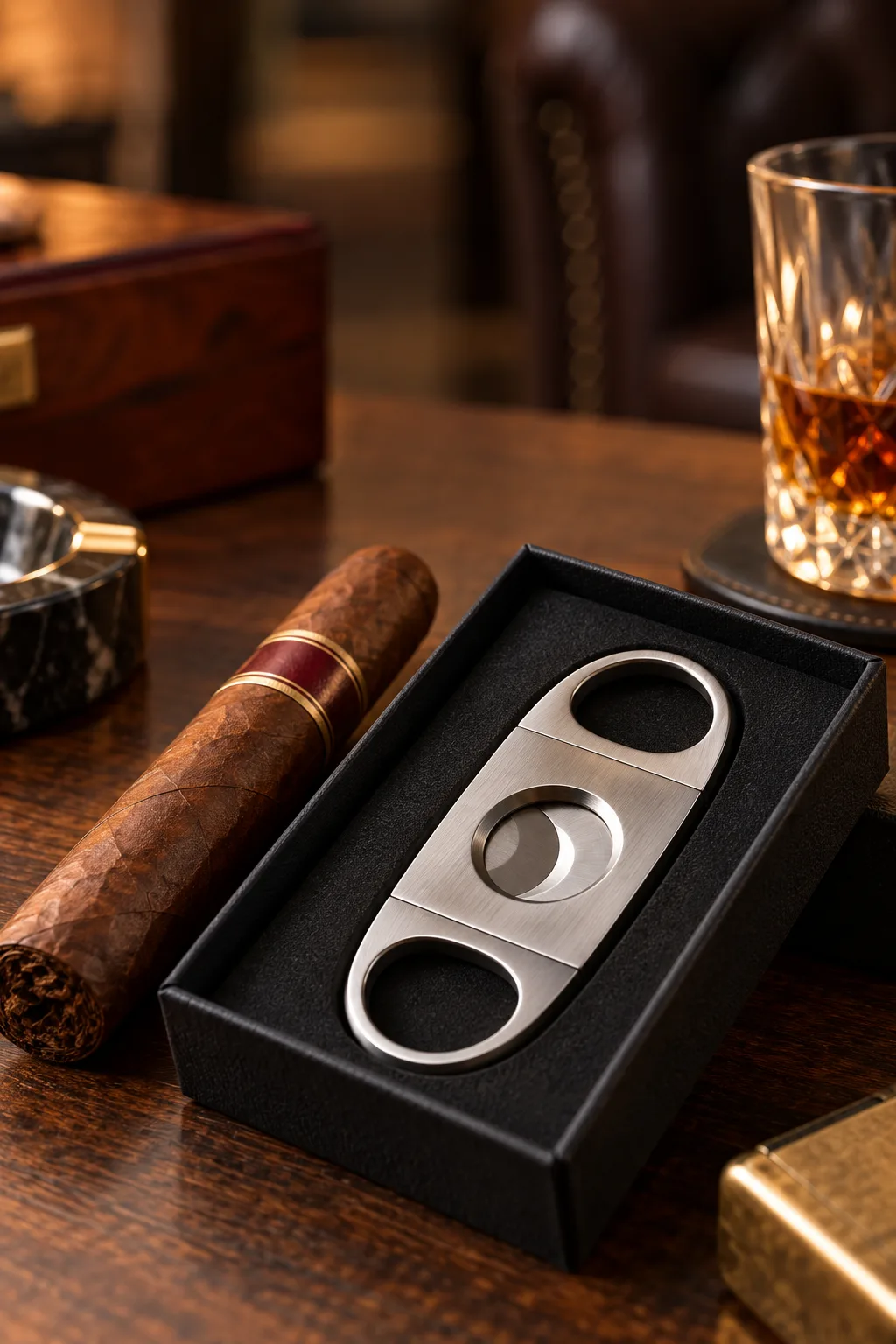 Cigar Gift for Him: stainless double-blade cigar cutter in a gift box