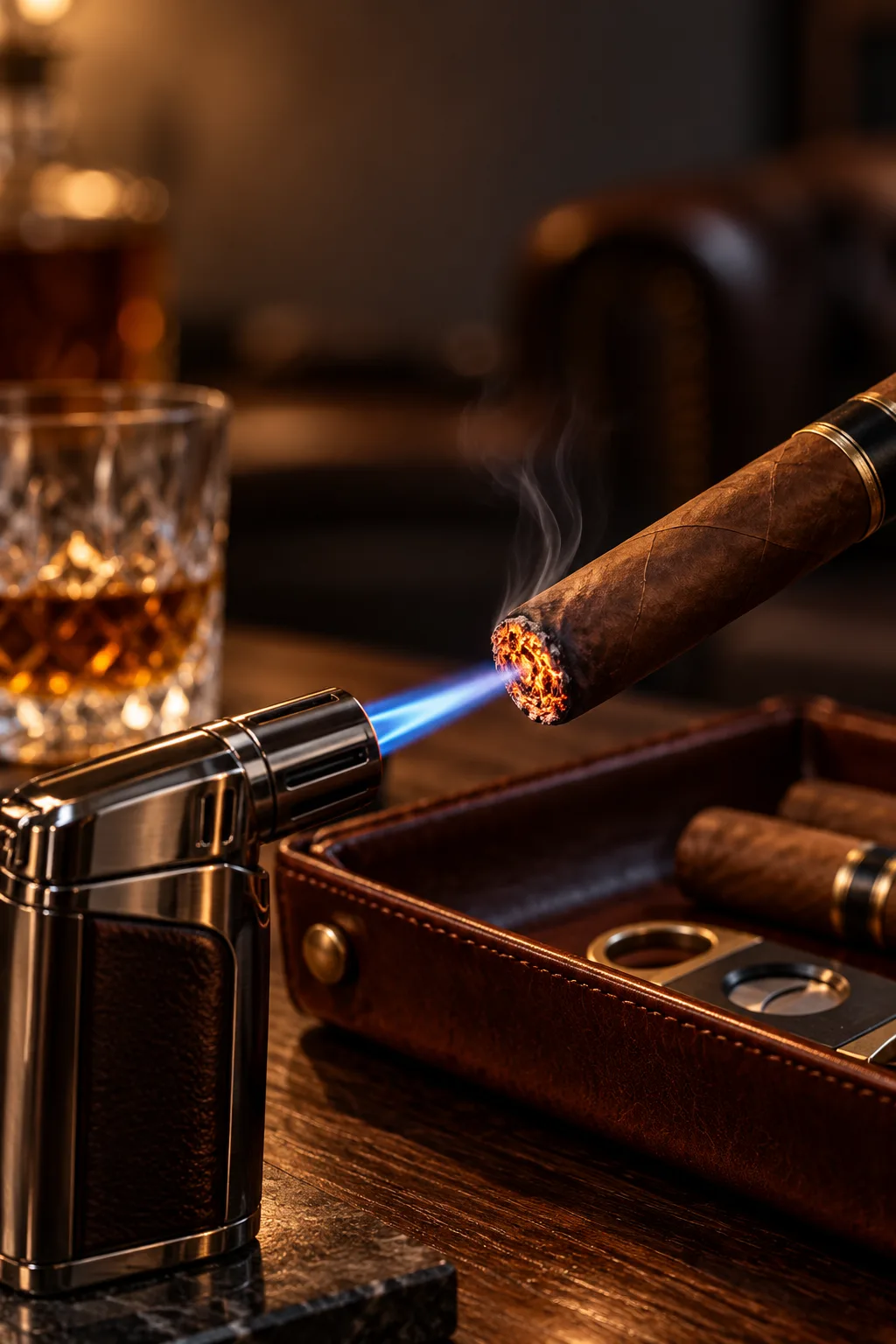 Cigar Gift for Him: single-flame torch lighter beside a cigar on a leather tray