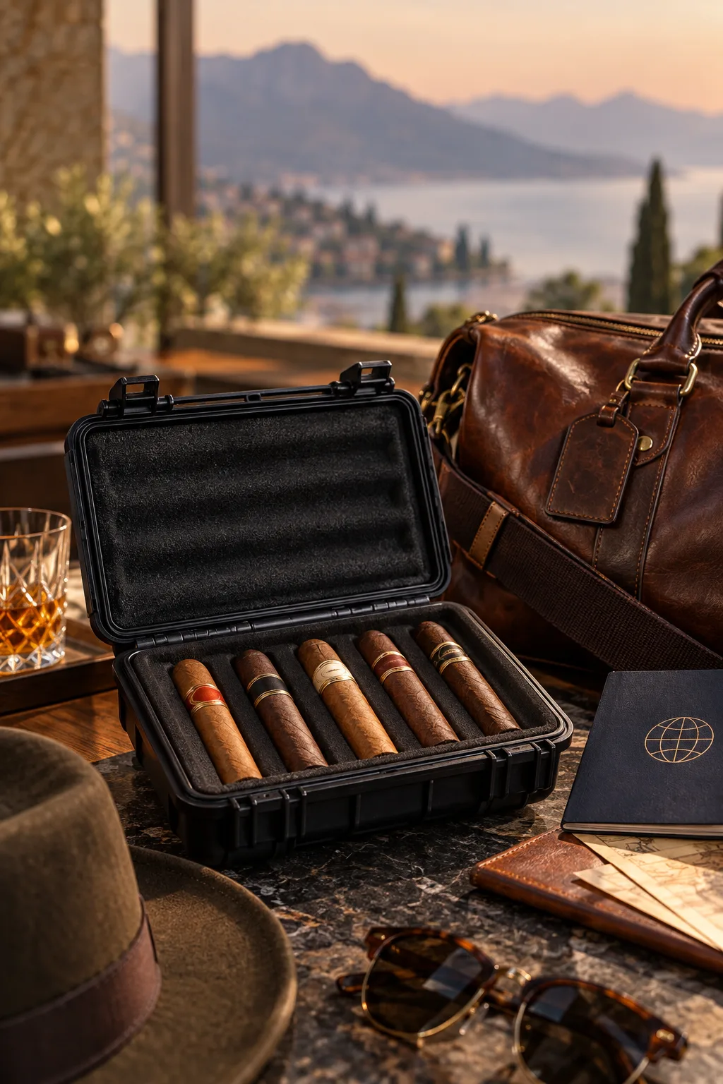 Cigar Gift for Him: hard-shell travel humidor open with five cigars inside