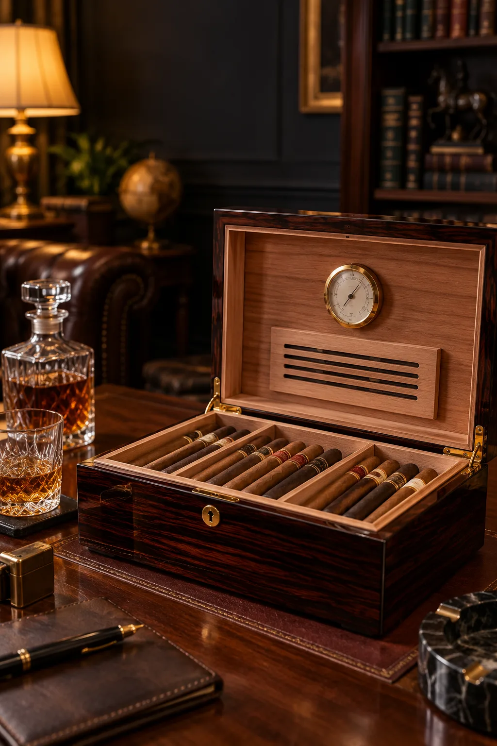 Cigar Gift for Him: wooden desktop humidor open with cigars and a hygrometer