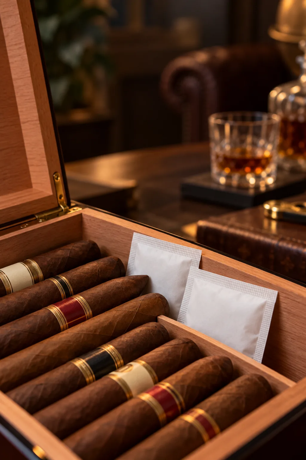 Cigar Gift for Him: humidity control packs inside a humidor with cigars