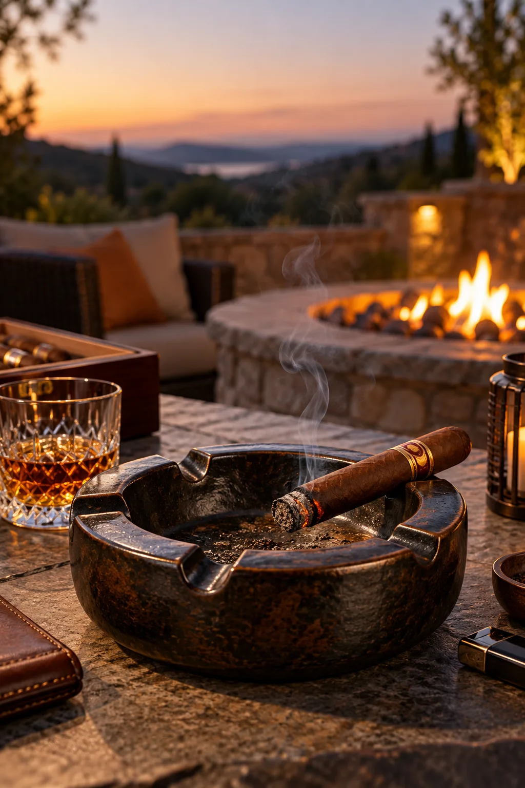 Cigar Gift for Him: heavy ceramic cigar ashtray with a resting cigar on a patio table