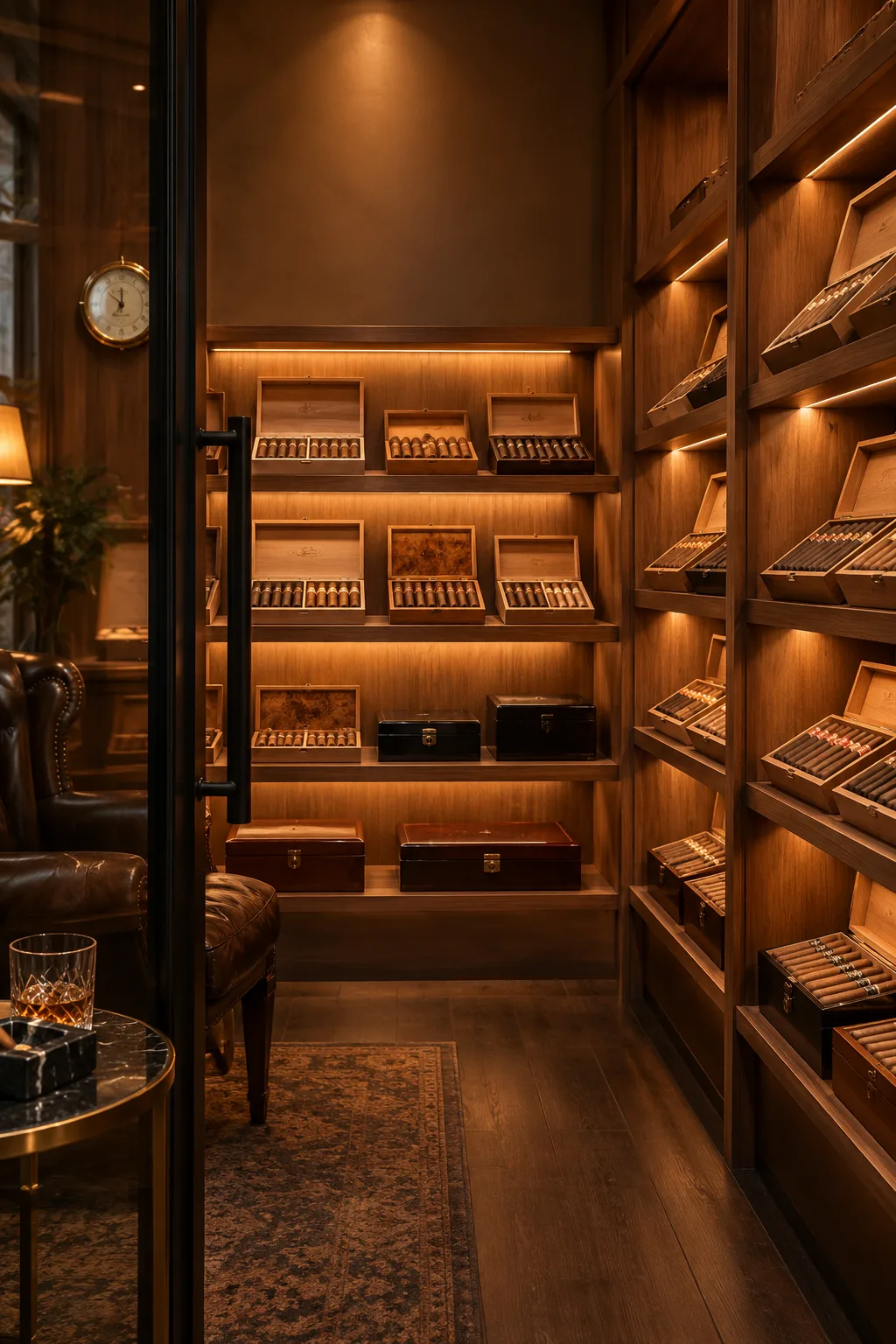 Cigar Lounge Idea: small walk-in cedar humidor room lined with cigar boxes on shelves