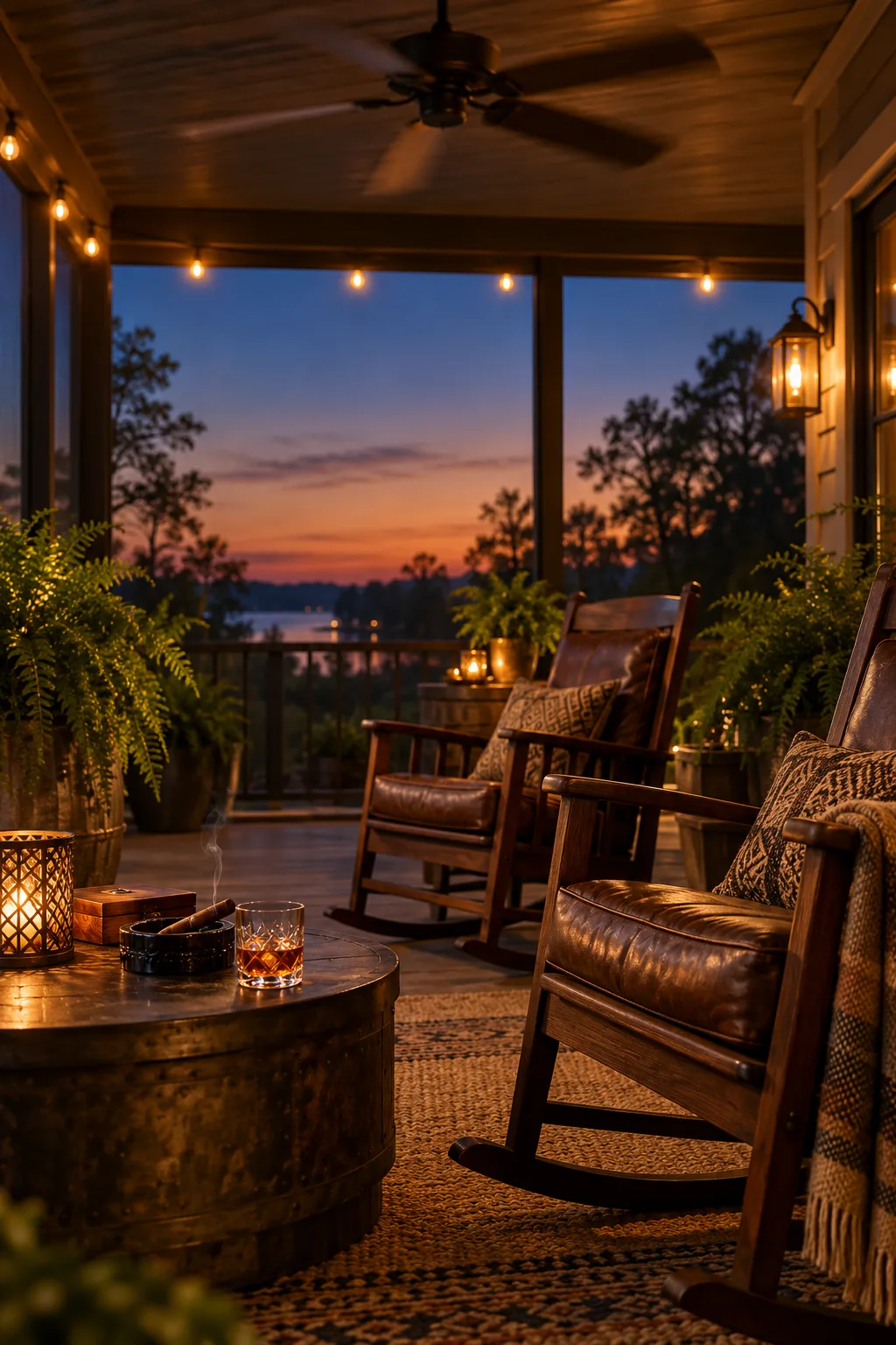 Cigar Lounge Idea: screened porch furnished as a cigar lounge with rocking chairs and a ceiling fan