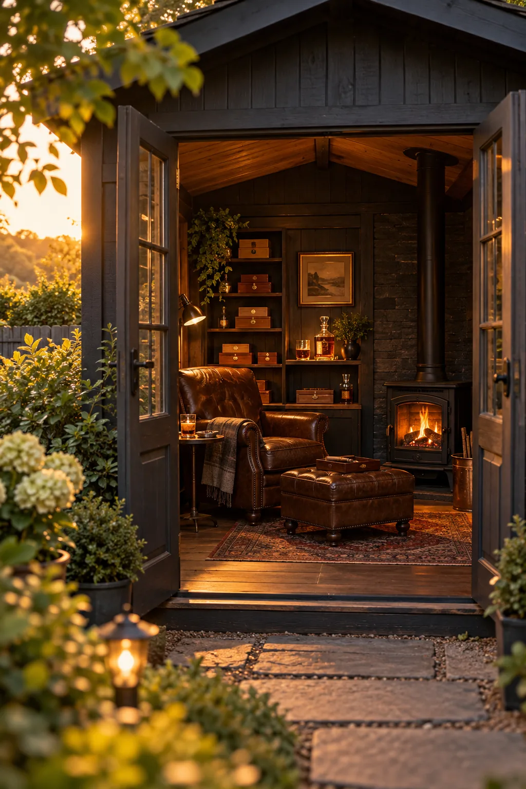 Cigar Lounge Idea: backyard shed converted into a cozy cigar lounge with a window and leather chair