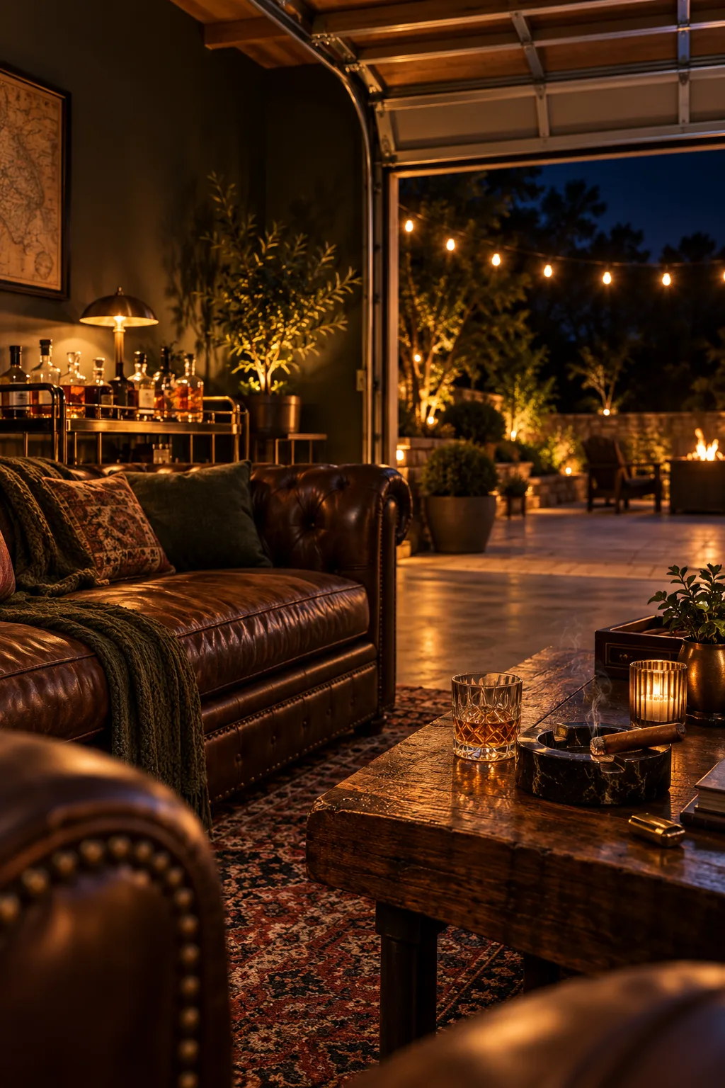 Cigar Lounge Idea: detached garage turned into a cigar lounge with a sofa, rug and open garage door