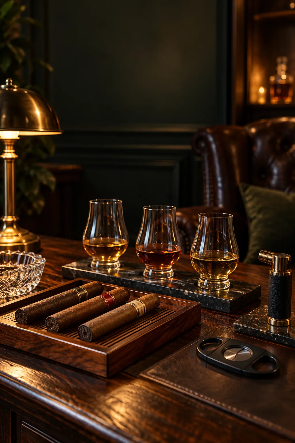 Cigar Lounge Idea: home bar set for cigar and whiskey pairing with glasses, cigars and a cutter