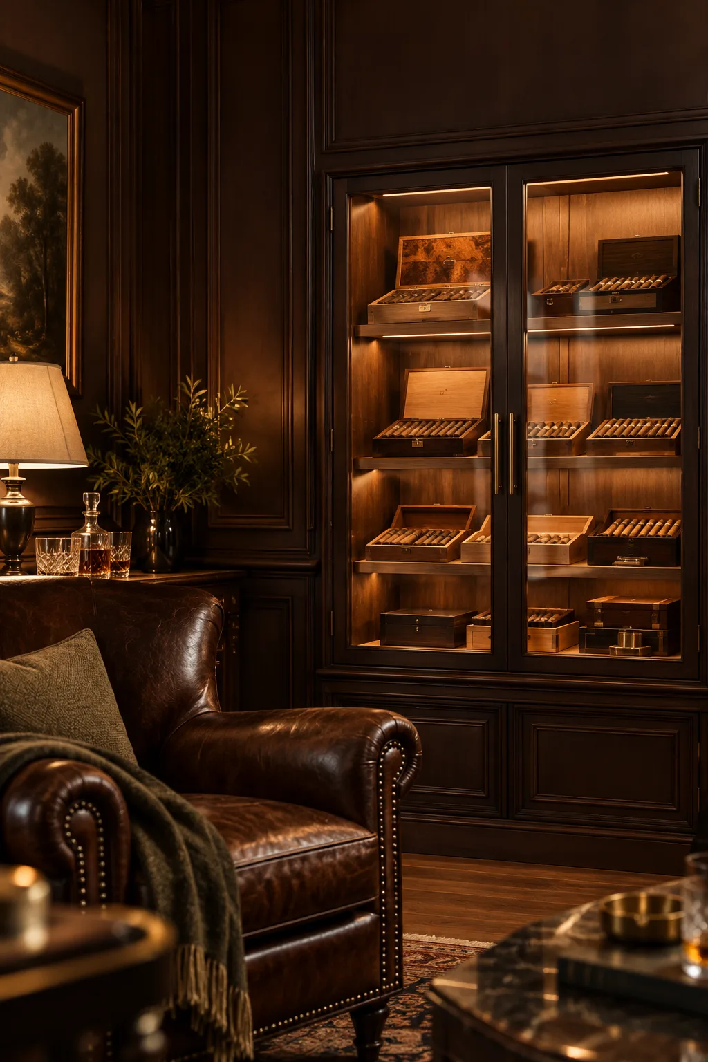 Cigar Lounge Idea: glass-front humidor cabinet built into a wall with cigar boxes on display