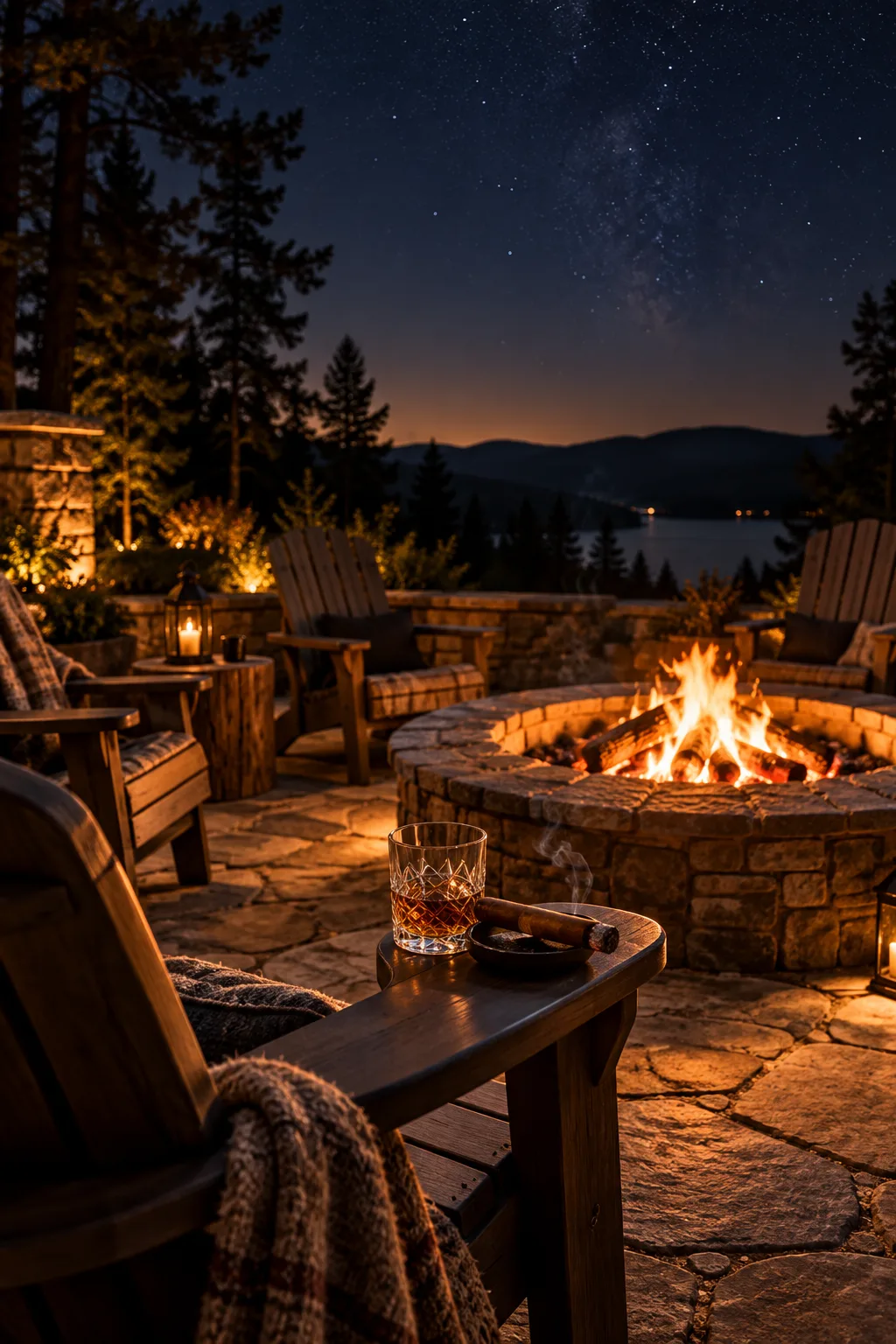 Cigar Lounge Idea: stone fire pit patio with Adirondack chairs and a cigar on the armrest