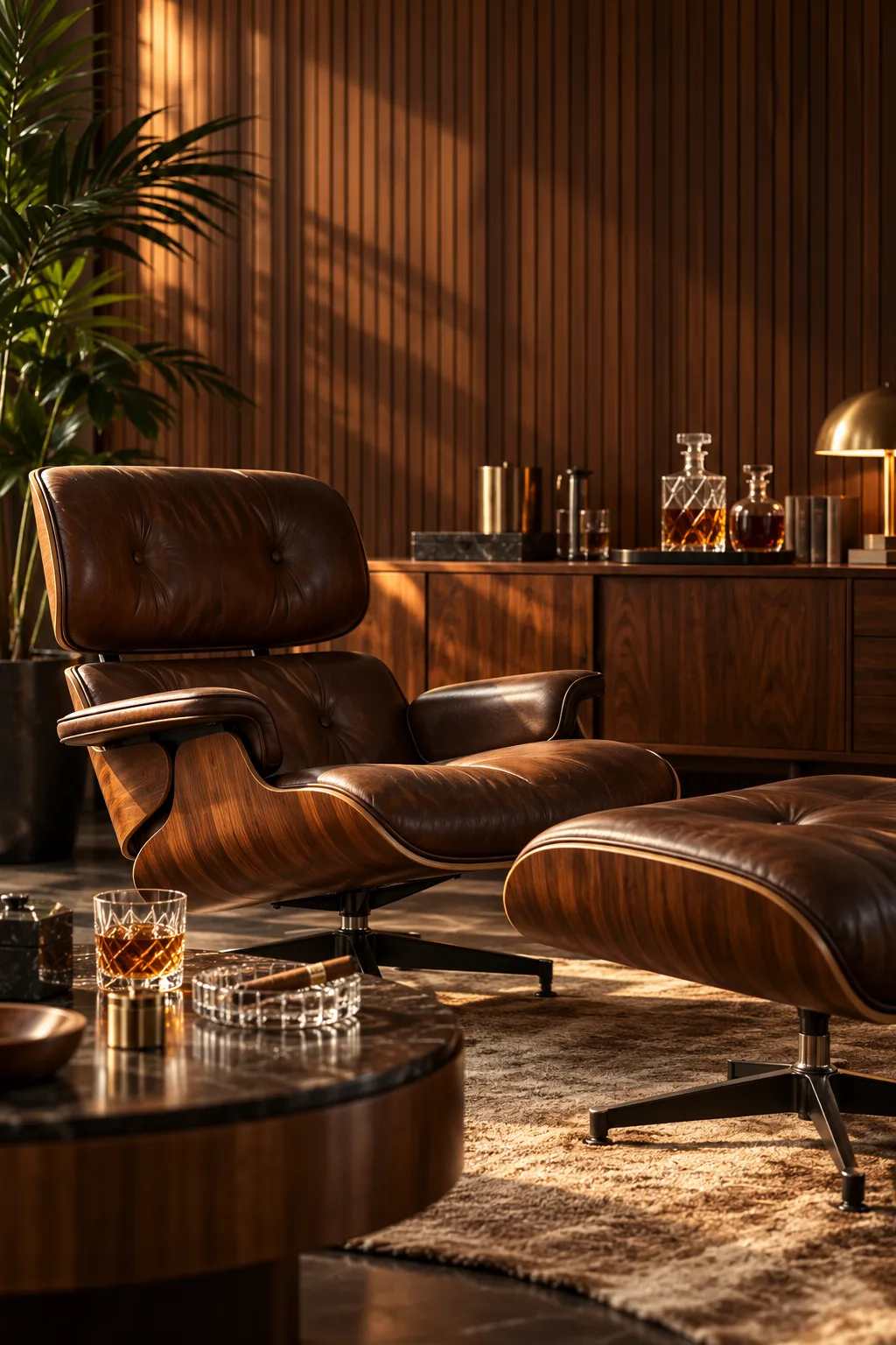 Cigar Lounge Idea: mid-century modern cigar lounge with a lounge chair, walnut paneling and a bar cabinet