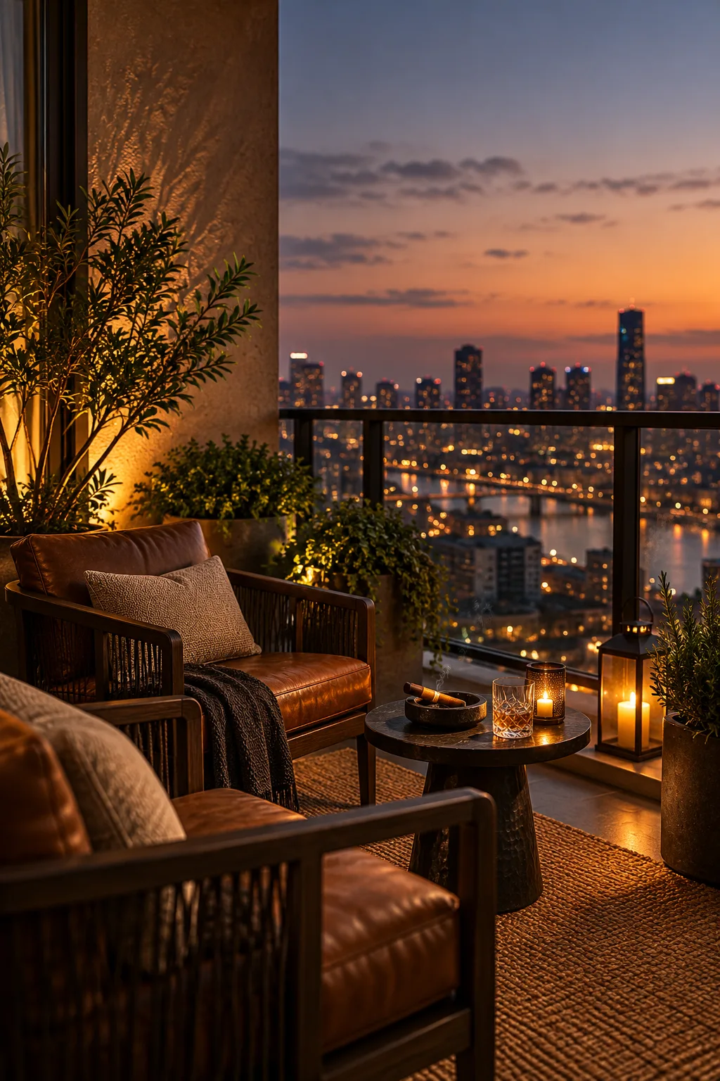Cigar Lounge Idea: apartment balcony set up as a small cigar lounge with two chairs and city lights