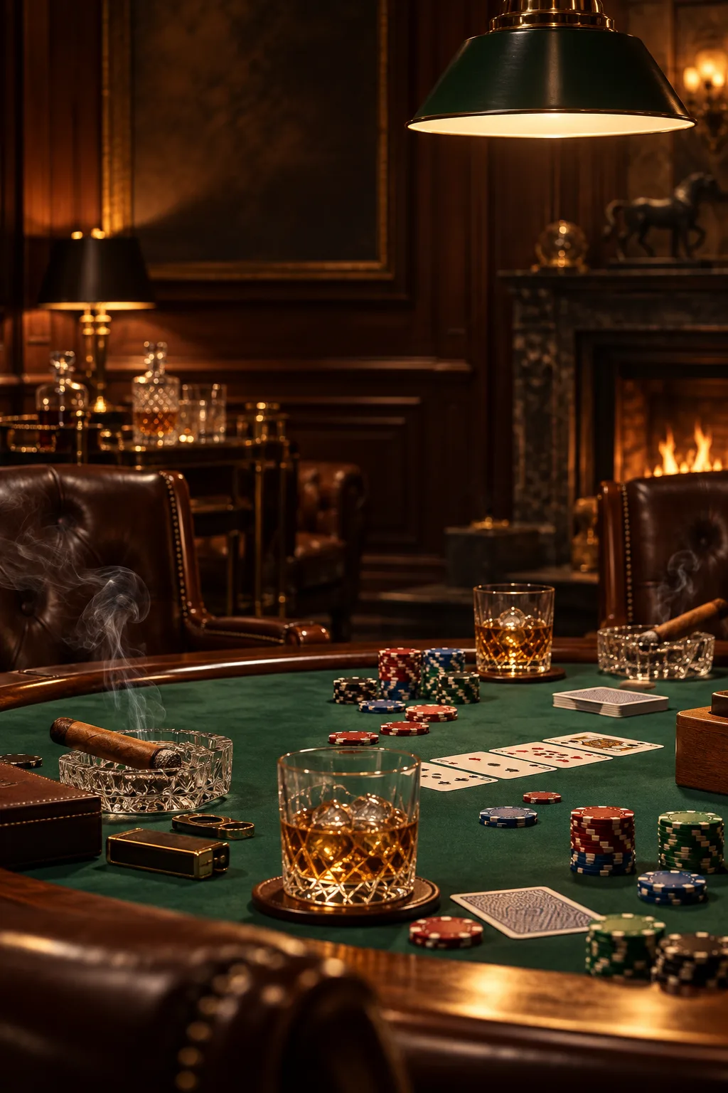 Cigar Lounge Idea: poker table under a hanging lamp with cigars, chips and whiskey glasses