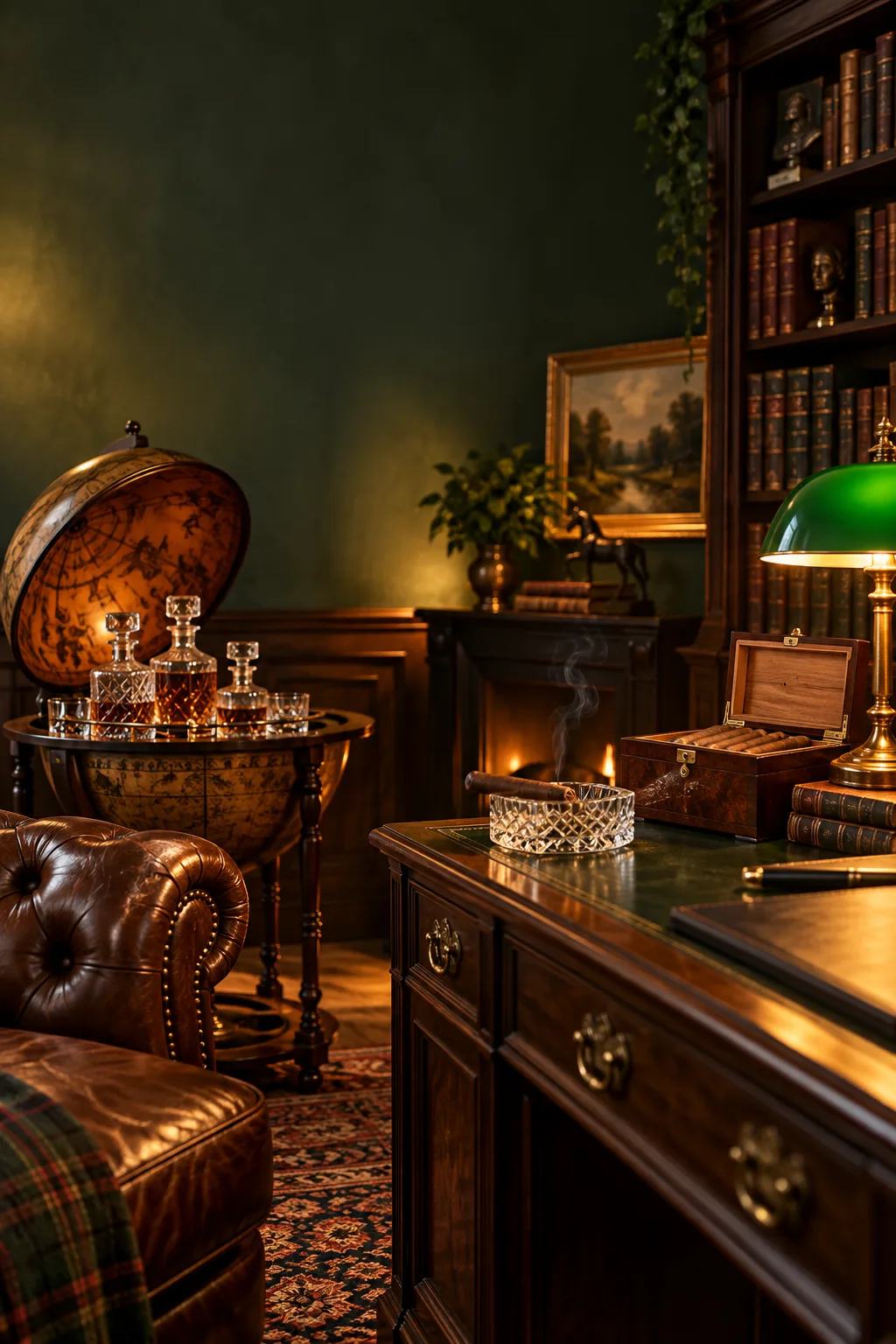 Cigar Lounge Idea: study with a globe bar, desk, bookshelves and a cigar humidor