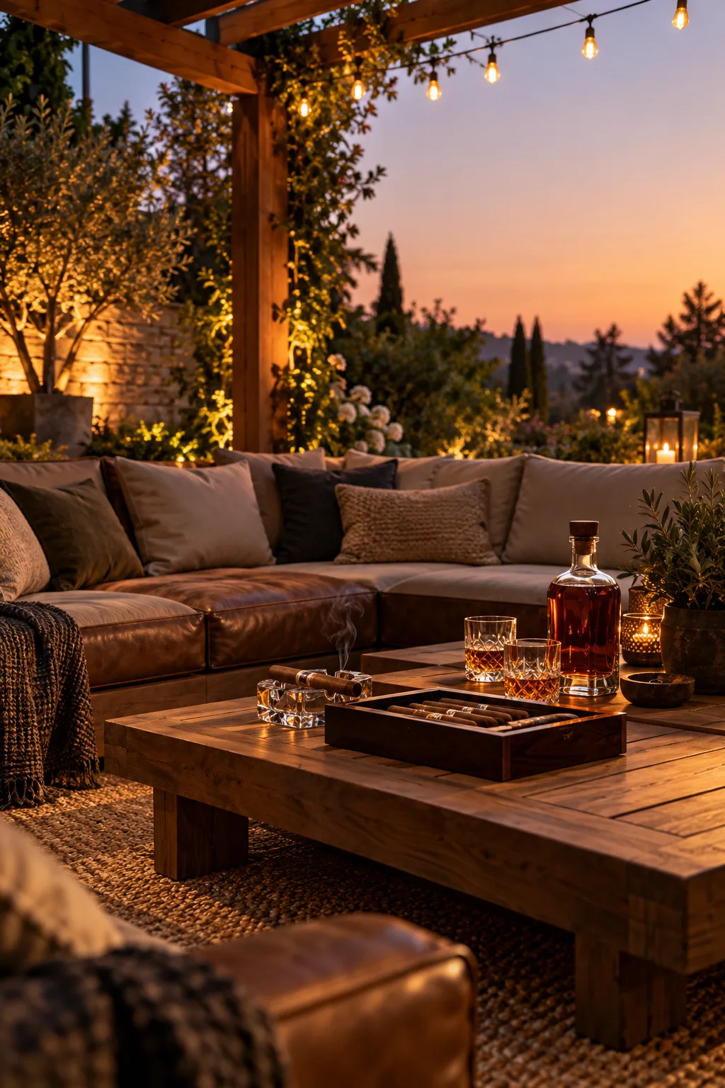 Cigar Lounge Idea: outdoor cigar lounge under a pergola with a sectional sofa and string lights