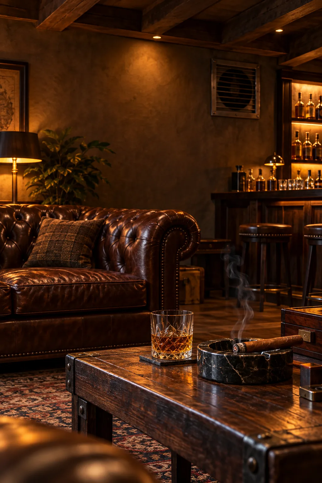 Cigar Lounge Idea: basement cigar lounge with a leather sofa, bar and wall-mounted exhaust vent