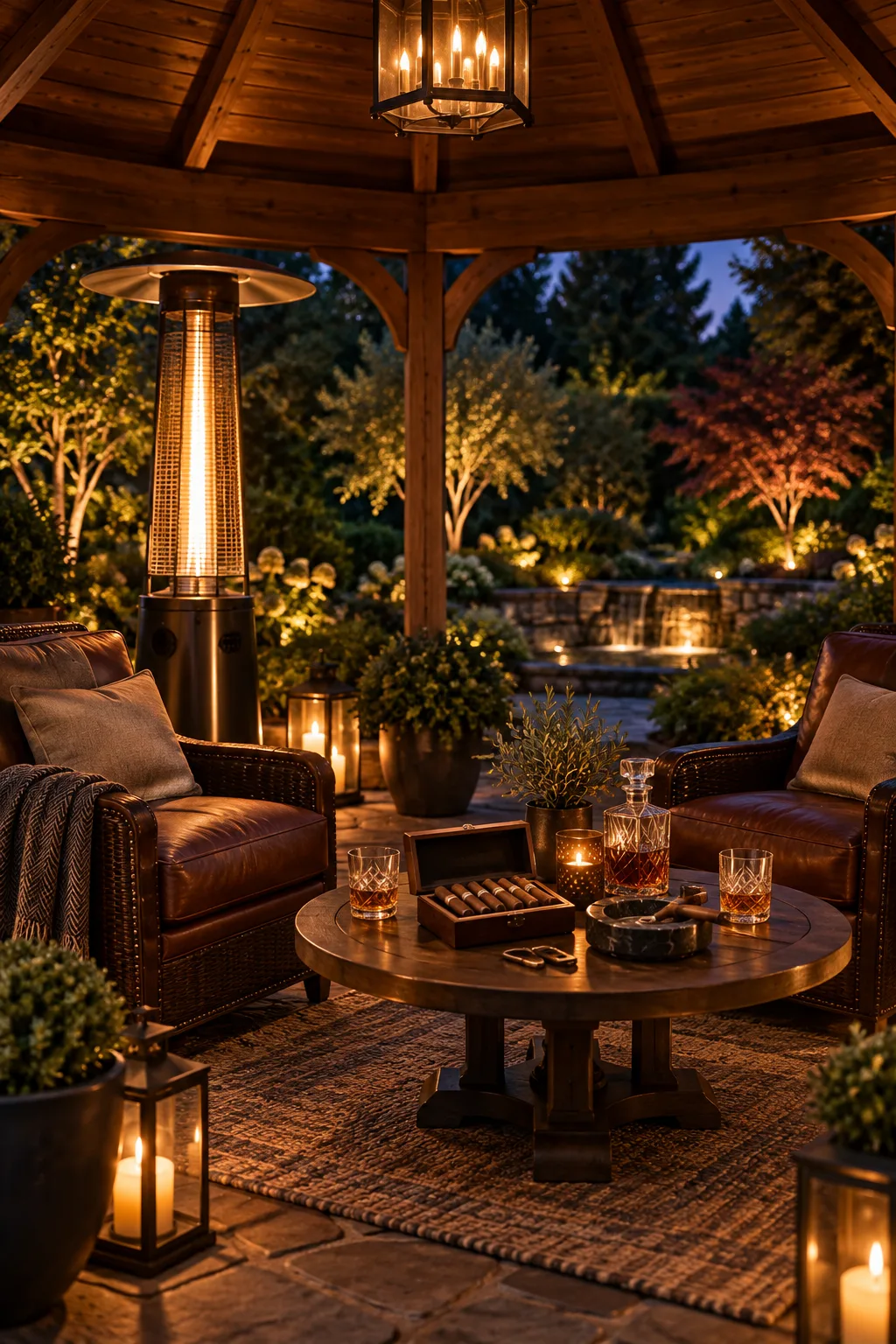 Cigar Lounge Idea: garden gazebo set up as a cigar lounge with chairs, a heater and lanterns