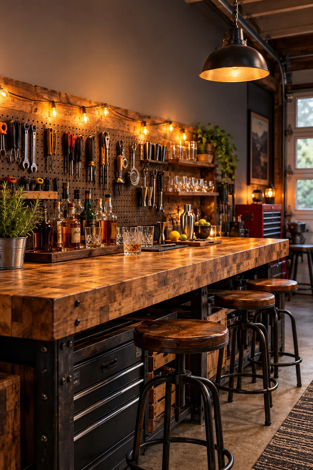 Garage Bar Idea: heavy wooden workbench converted into a bar with bottles and pegboard tools