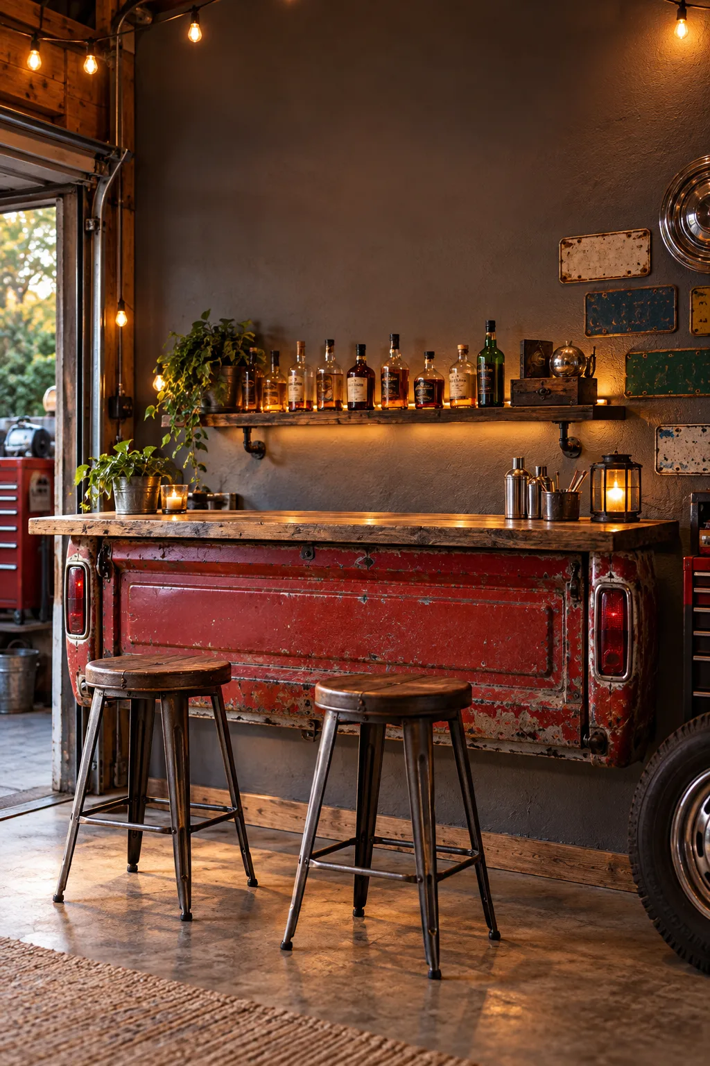 Garage Bar Idea: old pickup tailgate mounted on a garage wall as a bar counter