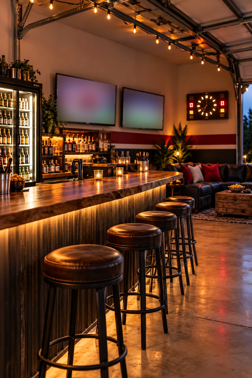 Garage Bar Idea: garage sports bar with TVs on the wall, bar stools and team colors