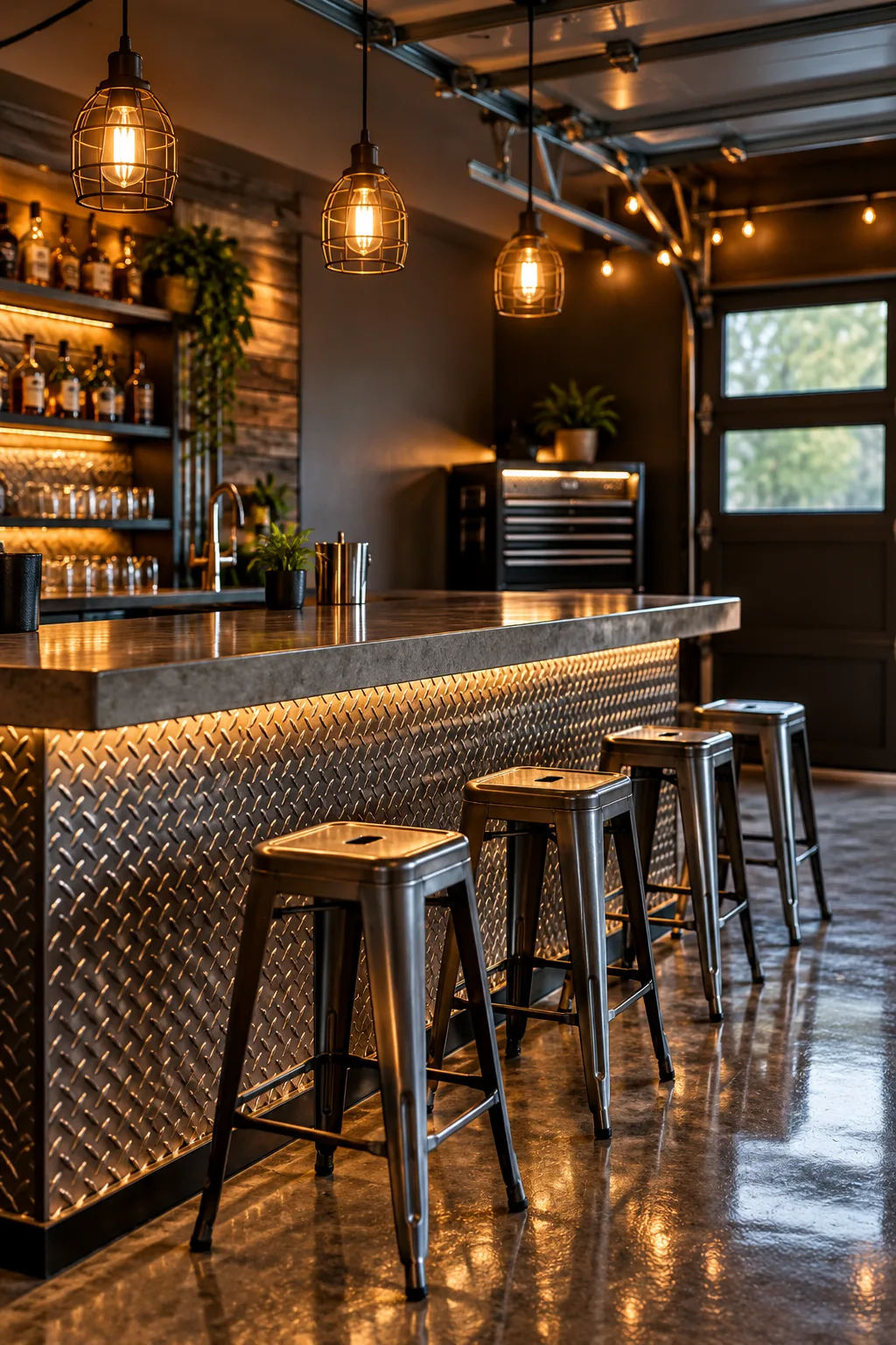 Garage Bar Idea: industrial garage bar with diamond plate steel front and a concrete top