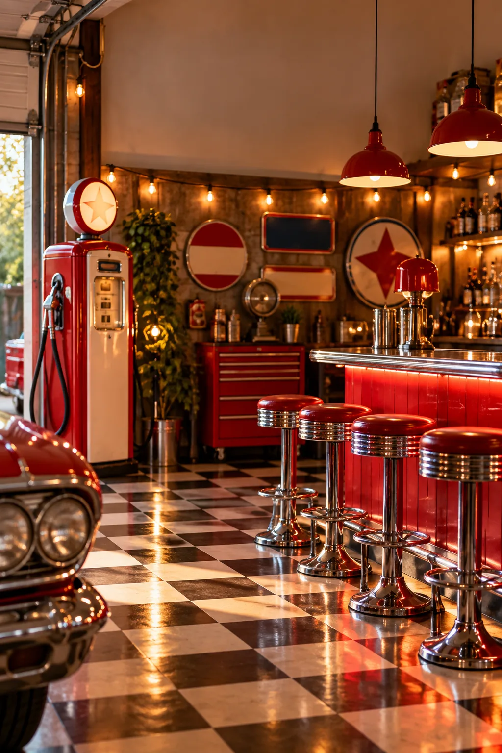 Garage Bar Idea: garage bar styled like a vintage gas station with an old pump and signs