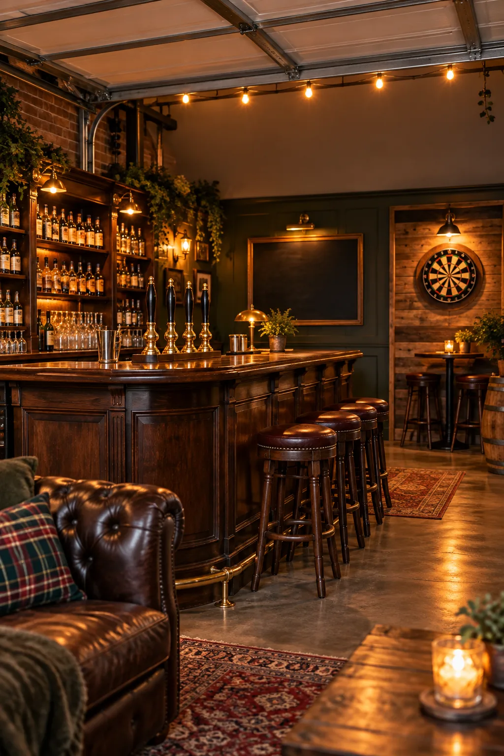 Garage Bar Idea: garage pub with a dark wood bar, dartboard, and pub stools