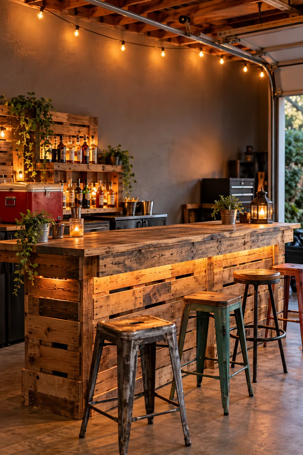 Garage Bar Idea: dIY pallet wood bar in a garage with string lights and a cooler