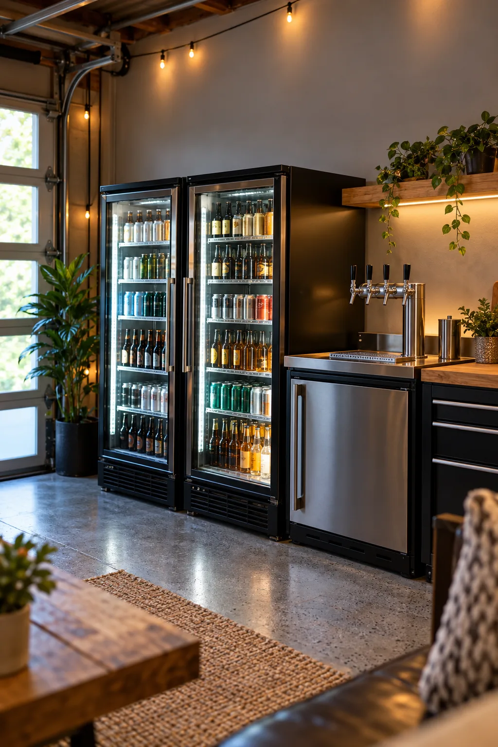 Garage Bar Idea: garage wall with glass-door beer fridges, a kegerator and a tap tower