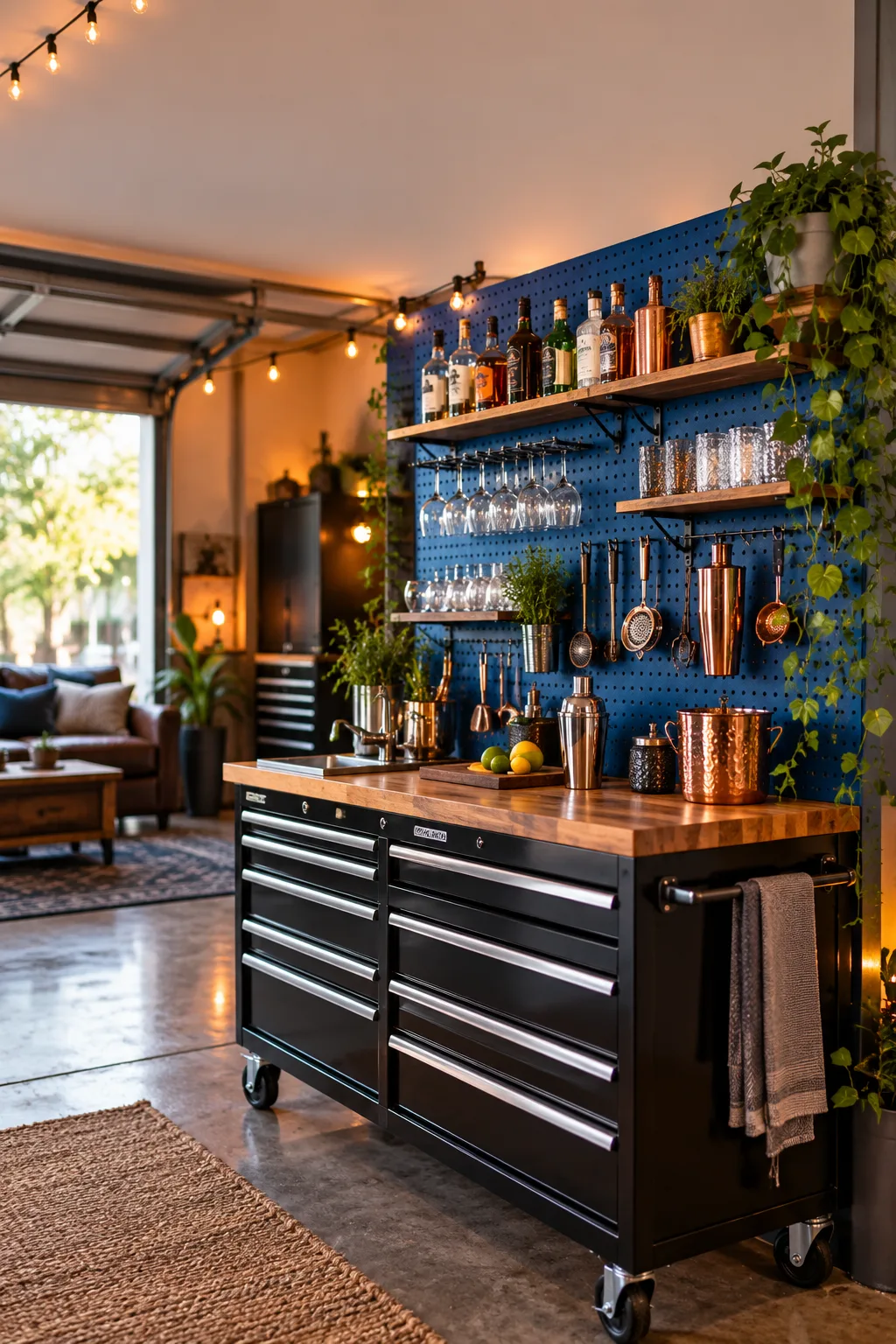 Garage Bar Idea: garage bar with a painted pegboard wall holding glasses and bar tools