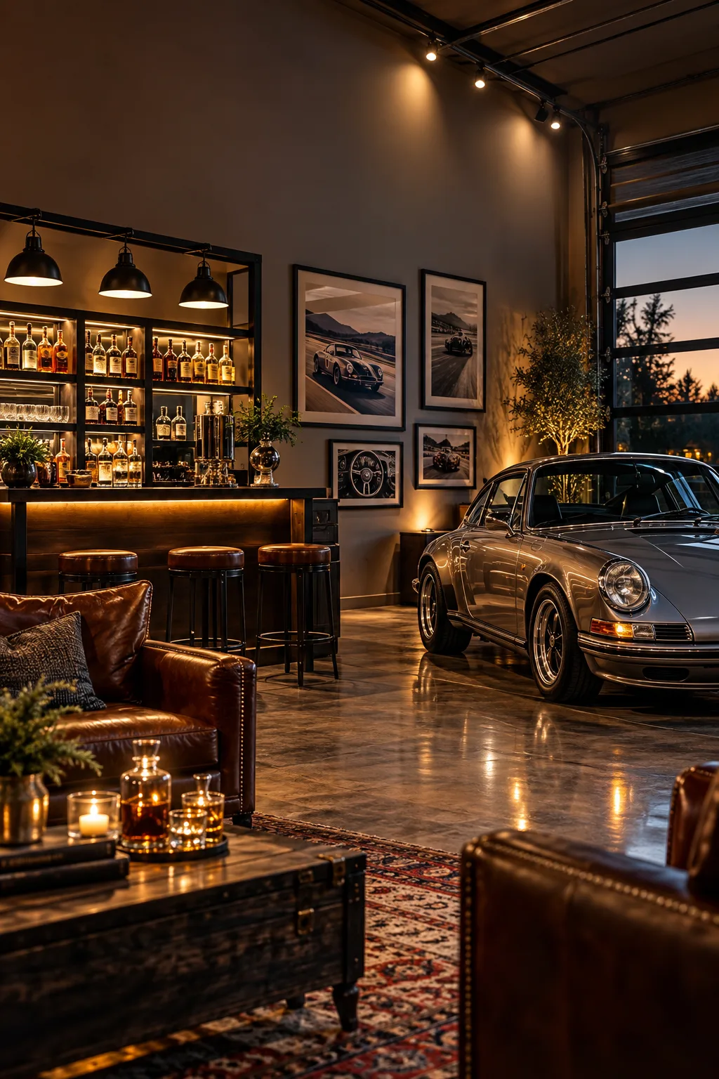 Garage Bar Idea: garage bar beside a classic car with a polished bar and lounge chairs
