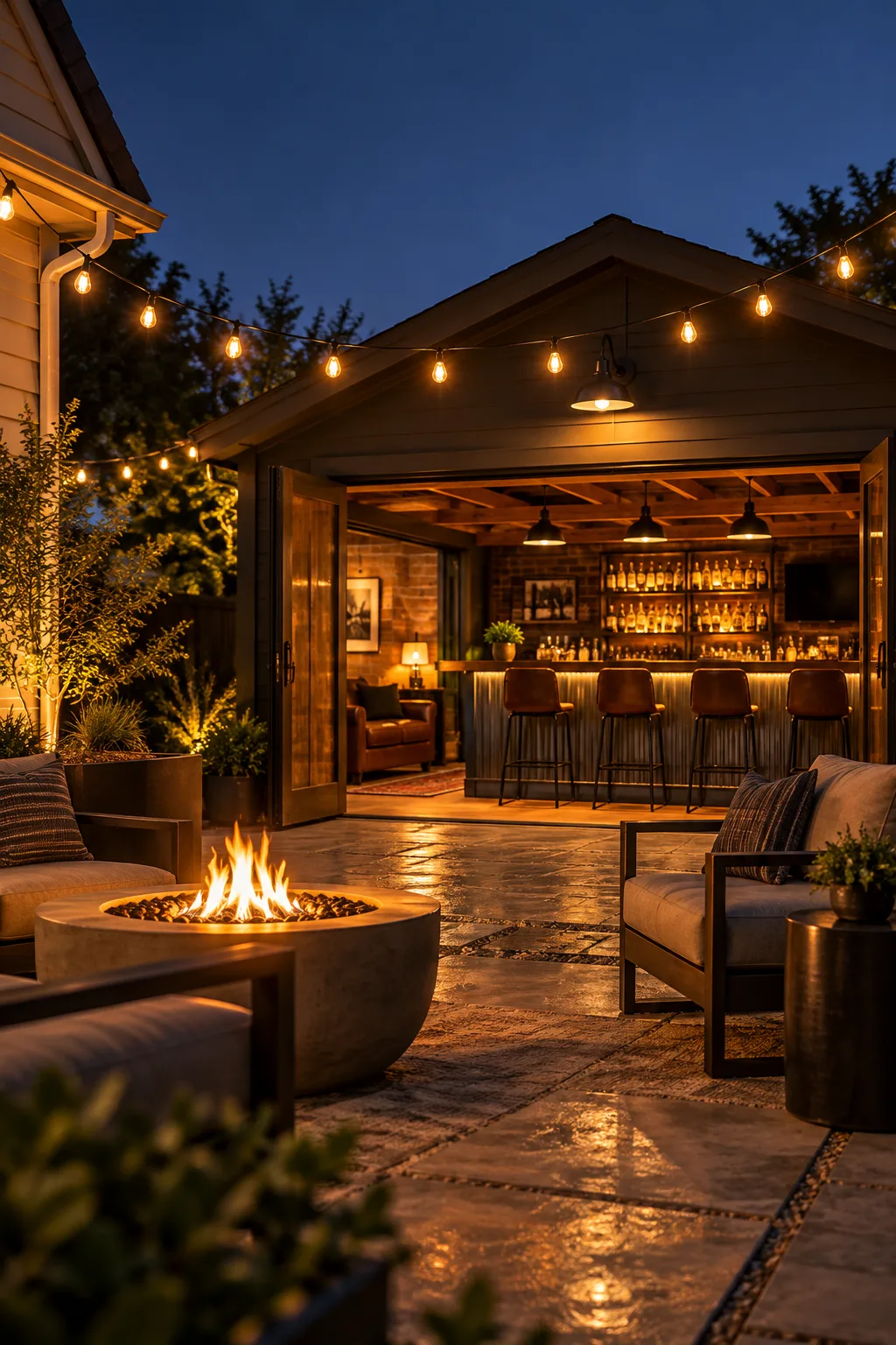 Garage Bar Idea: detached backyard garage turned into a bar with the doors open at night