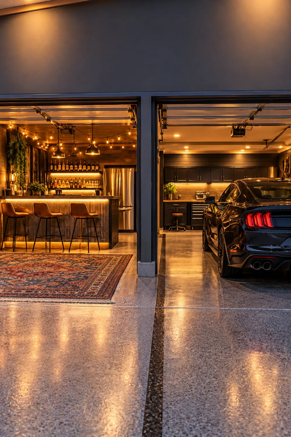Garage Bar Idea: one bay of a two-car garage used as a bar while a car is parked in the other