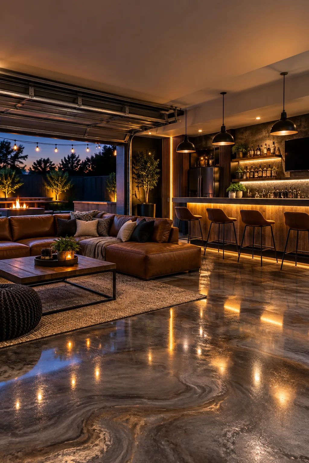 Garage Bar Idea: garage bar lounge with a glossy epoxy floor, sofa and bar counter