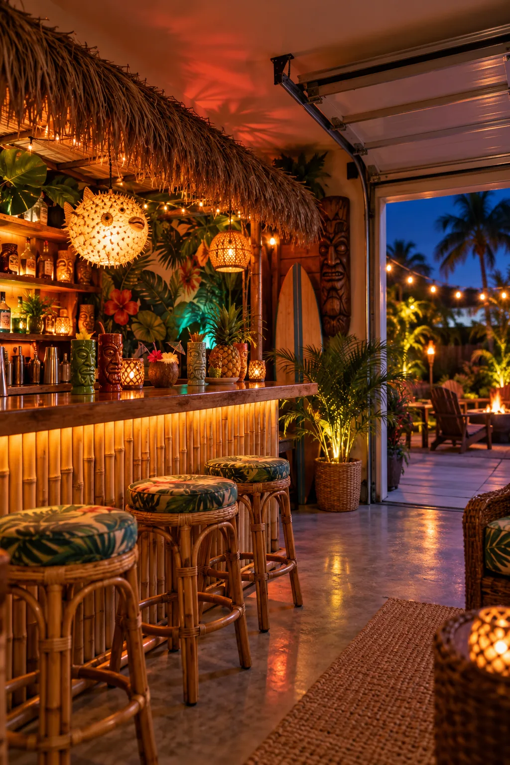 Garage Bar Idea: garage converted into a tiki bar with bamboo, thatch and tiki mugs