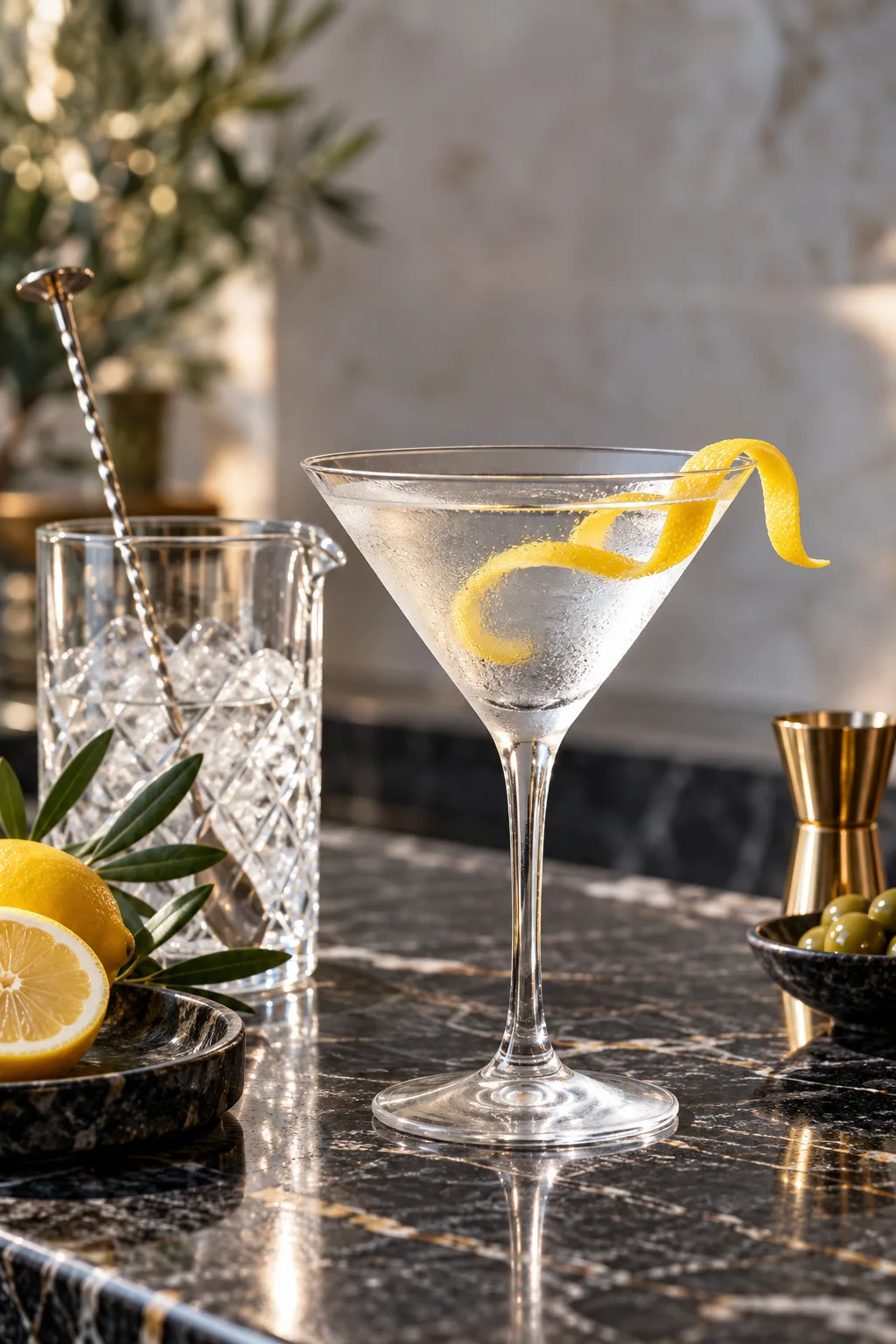 Gin Cocktail: dry gin martini in a chilled glass with a lemon twist