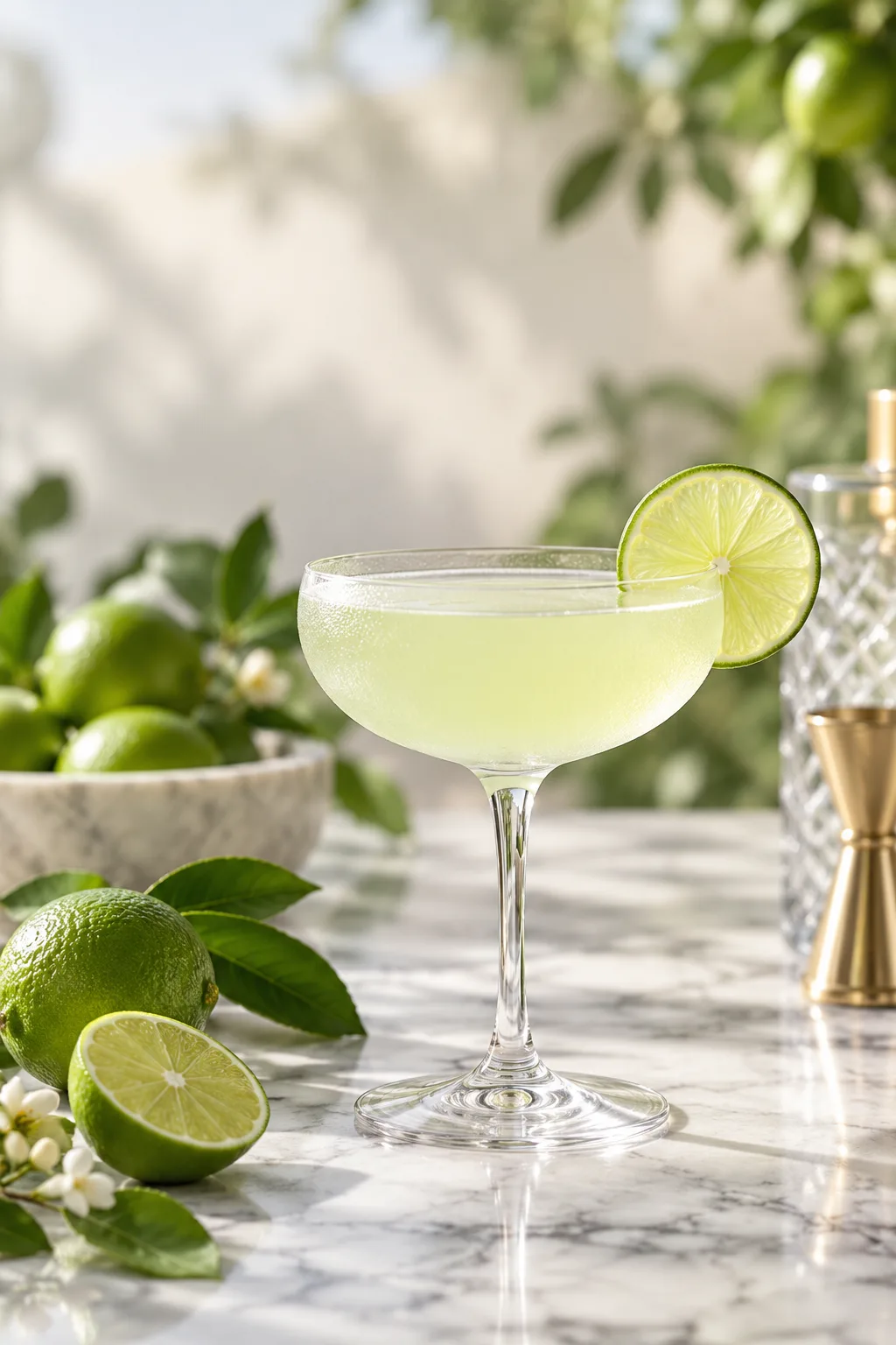 Gin Cocktail: pale green gimlet in a coupe with a lime wheel