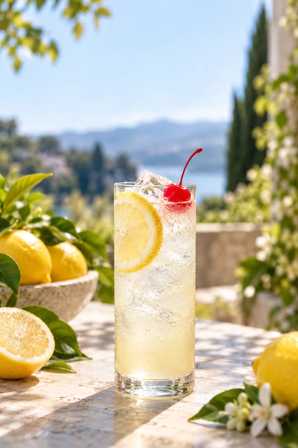 Gin Cocktail: tom Collins in a tall glass with a lemon wheel and cherry