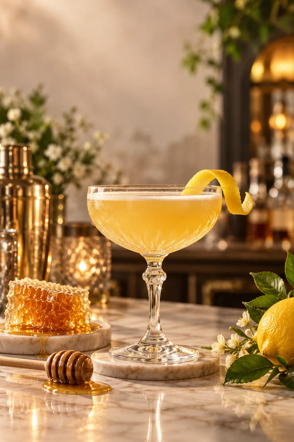 Gin Cocktail: bee's Knees gin cocktail in a coupe with a lemon twist and honeycomb