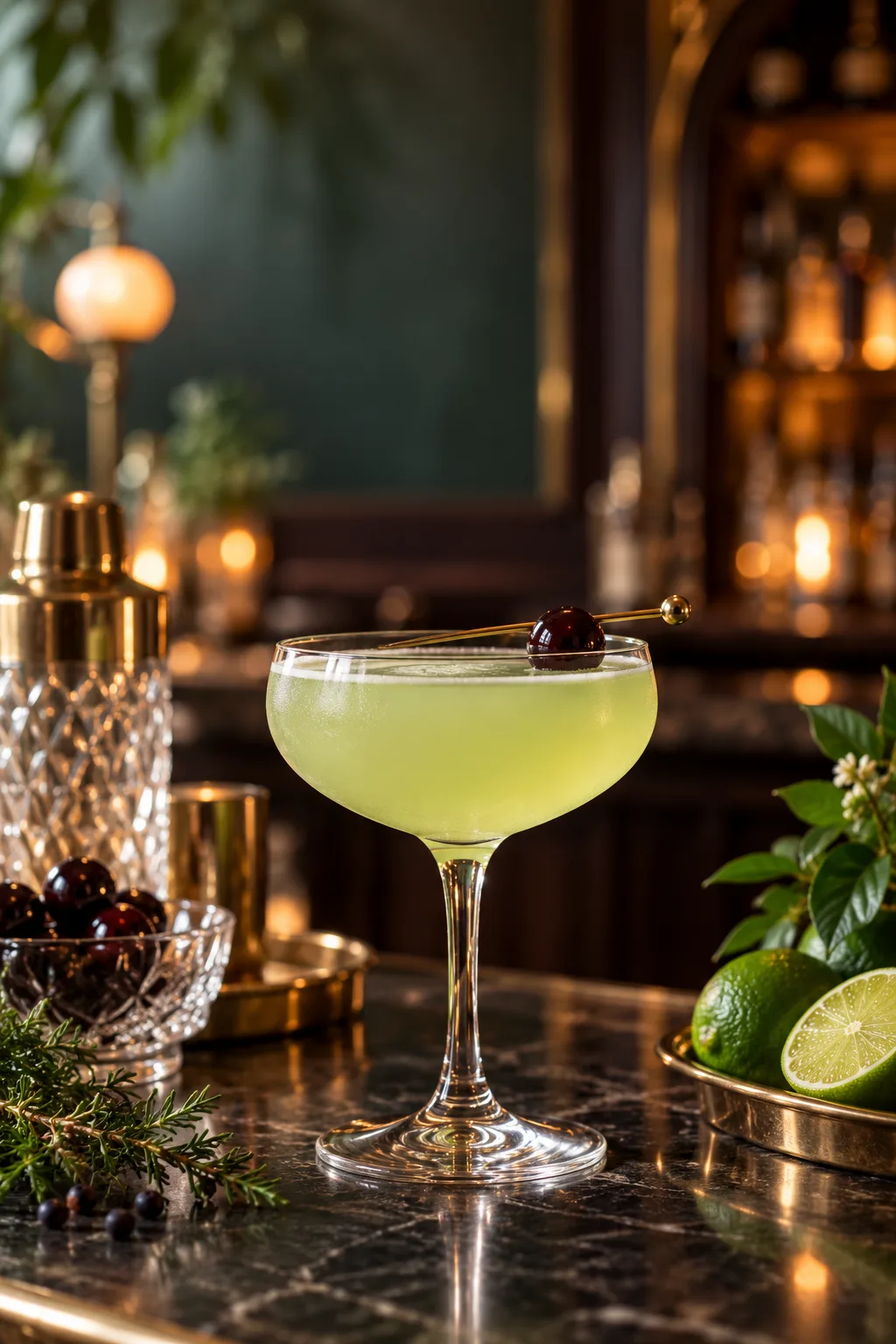 Gin Cocktail: pale green Last Word cocktail in a coupe with a brandied cherry