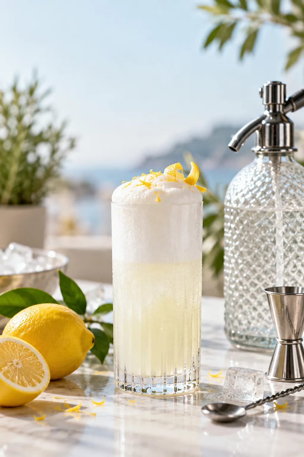 Gin Cocktail: gin fizz with a tall foam head in a small highball glass