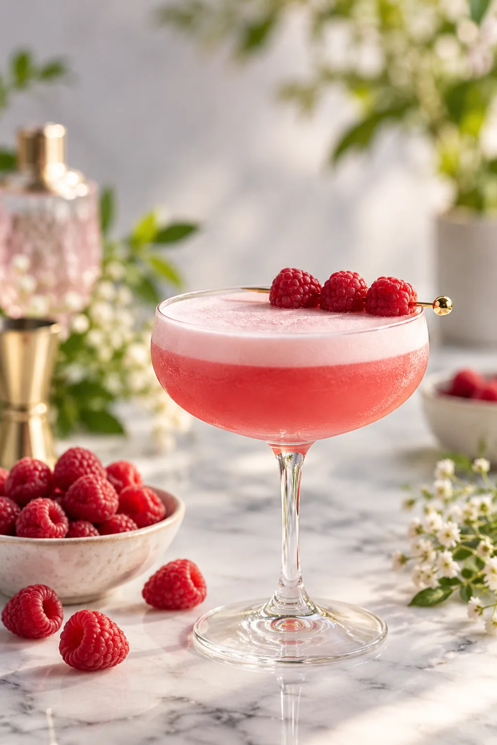 Gin Cocktail: pink Clover Club cocktail with raspberries and a foam top