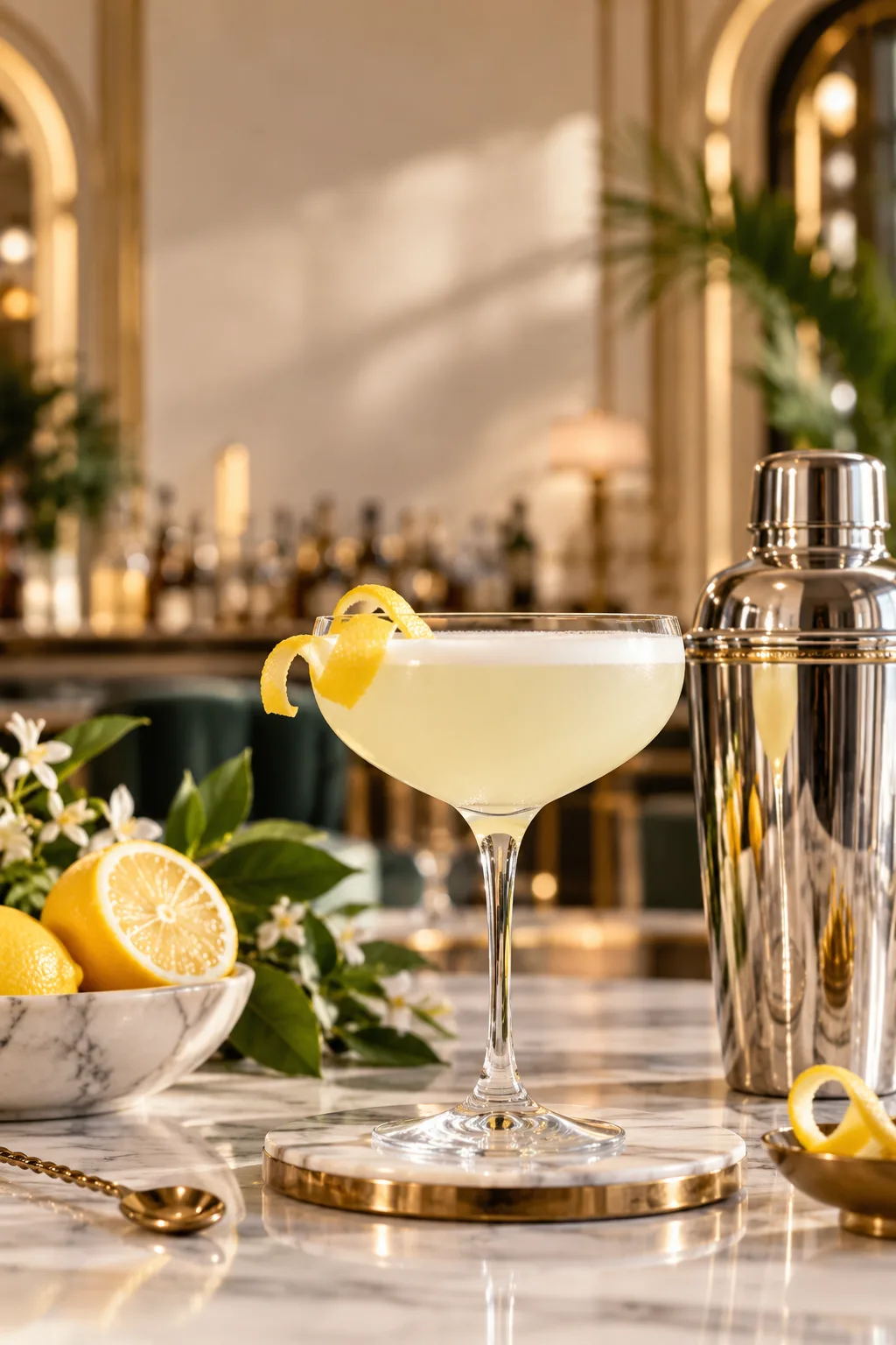 Gin Cocktail: white Lady cocktail in a coupe with a lemon twist