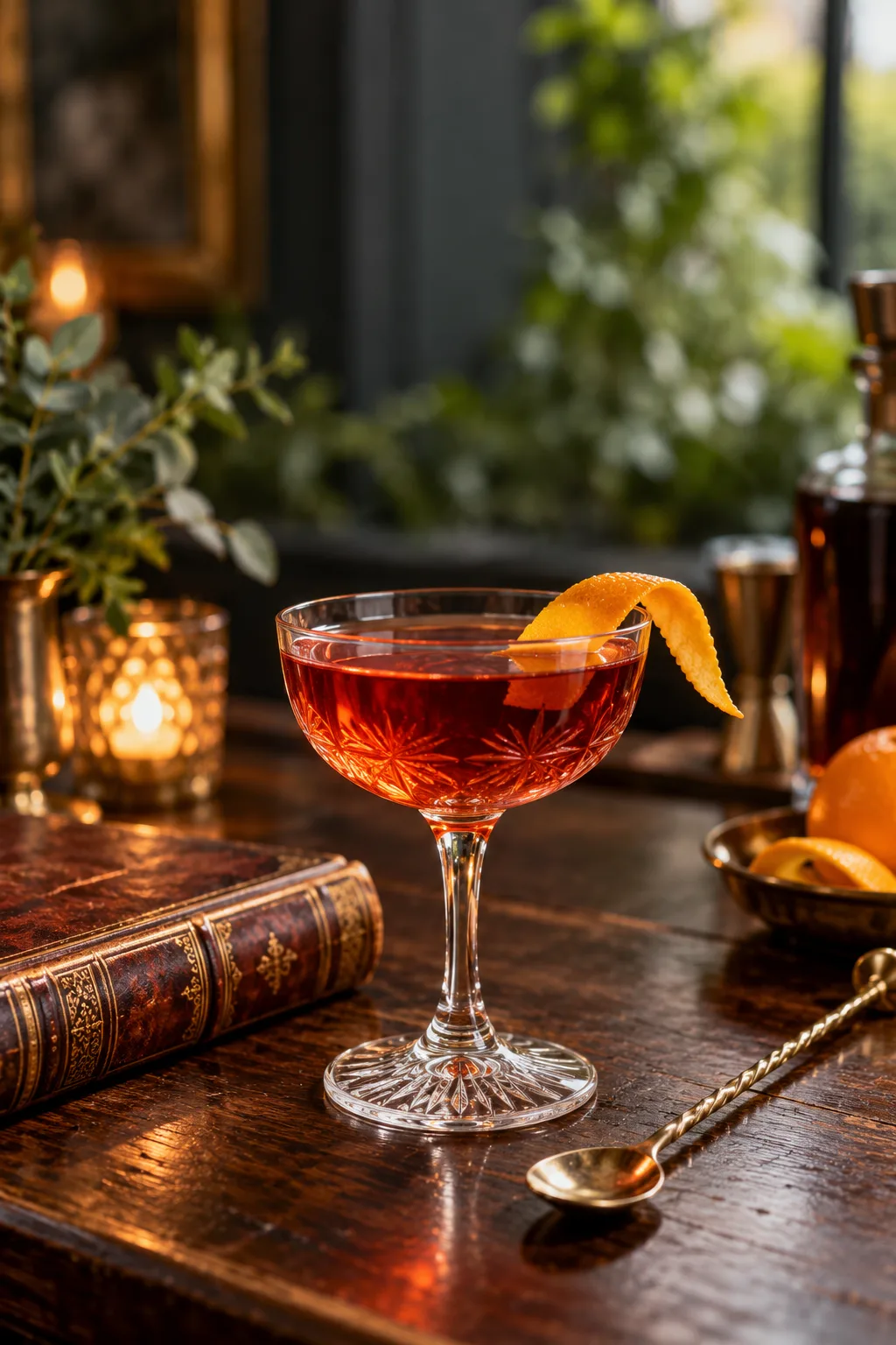 Gin Cocktail: martinez cocktail in a vintage glass with an orange twist