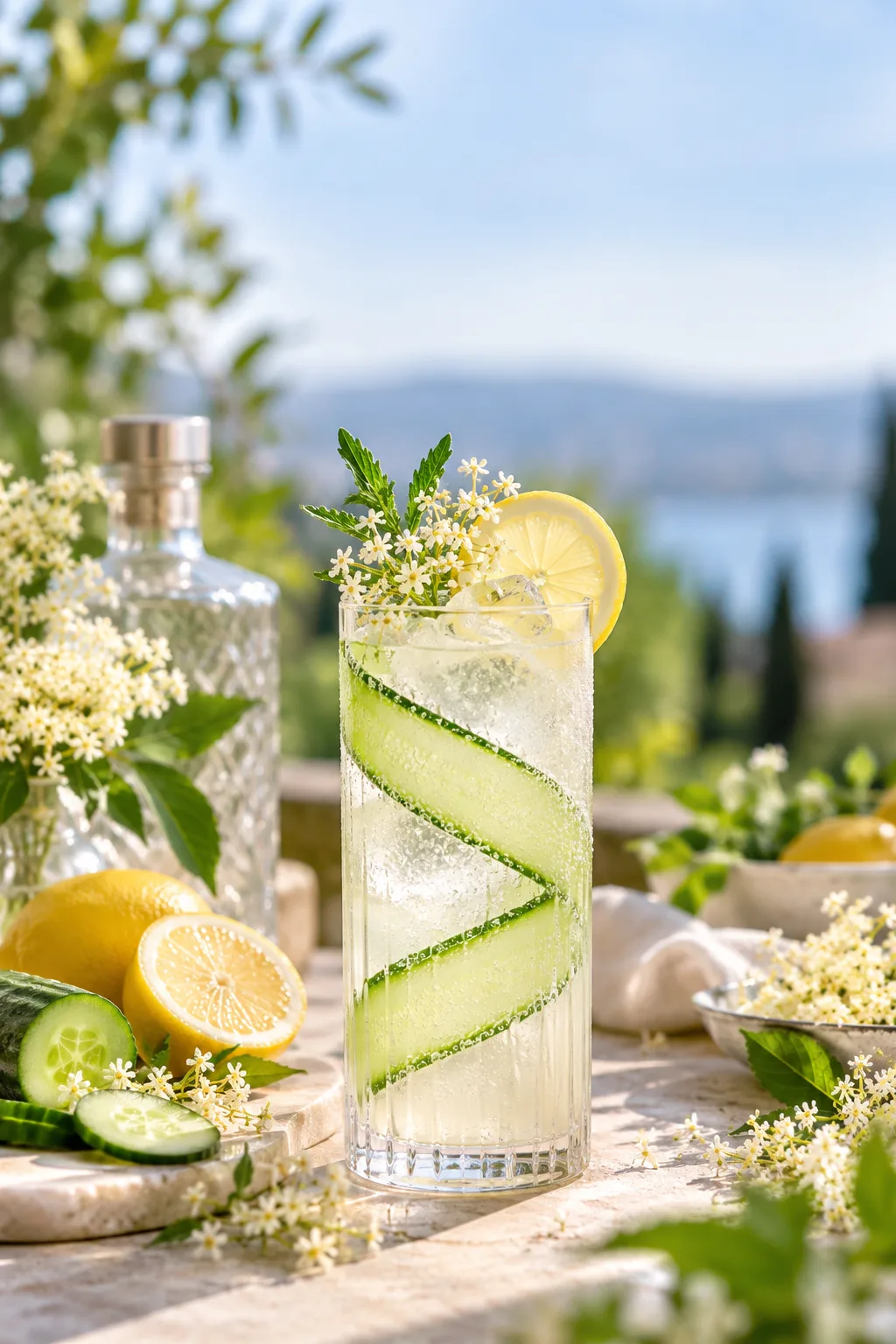 Gin Cocktail: elderflower gin Collins with cucumber ribbon and lemon