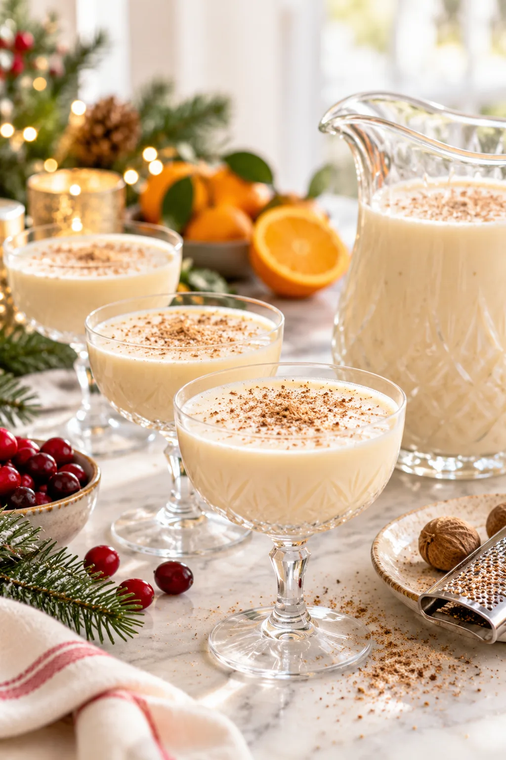 Holiday Punch: creamy bourbon milk punch in small glasses dusted with nutmeg