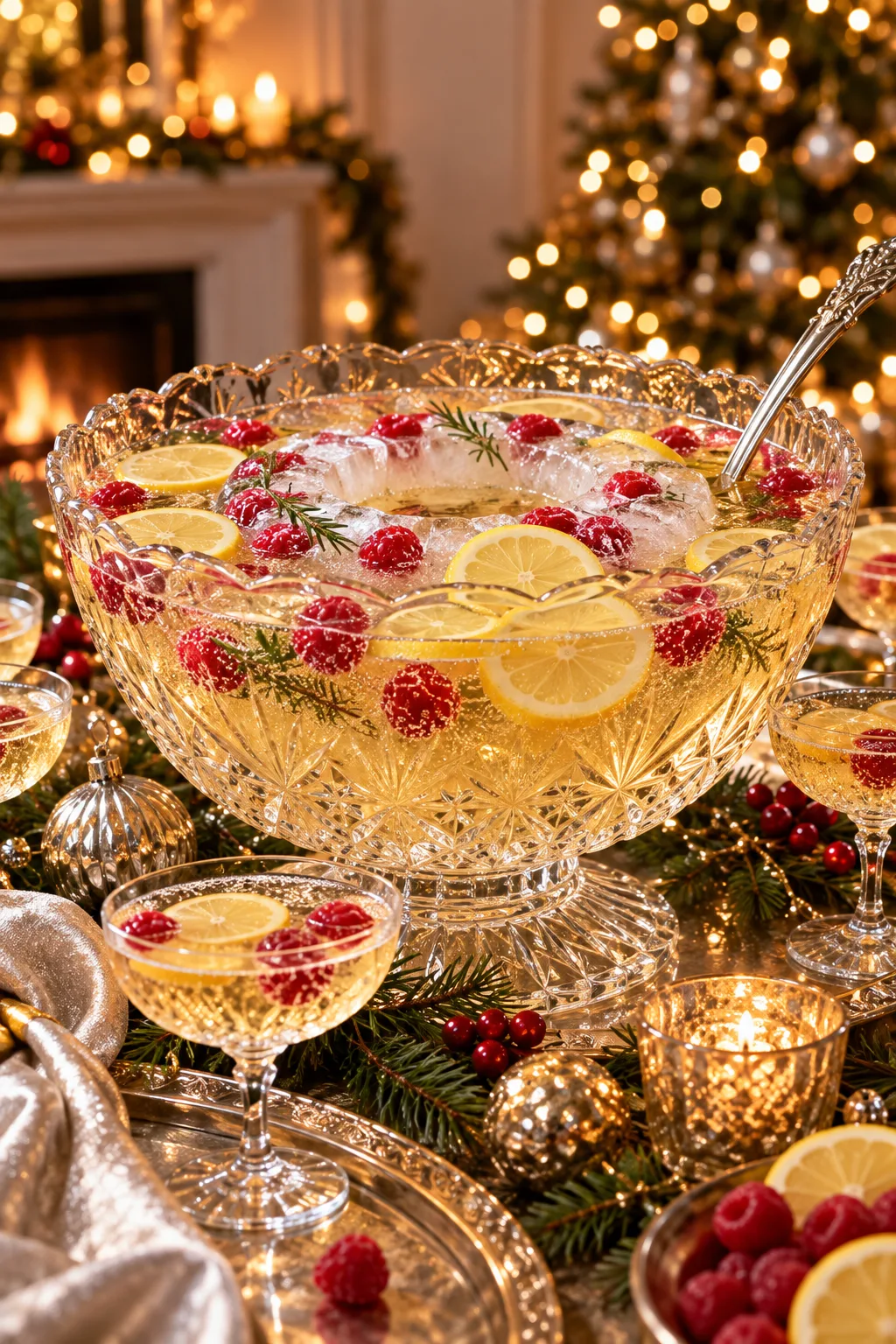 Holiday Punch: sparkling champagne punch in a crystal bowl with lemon wheels and berries