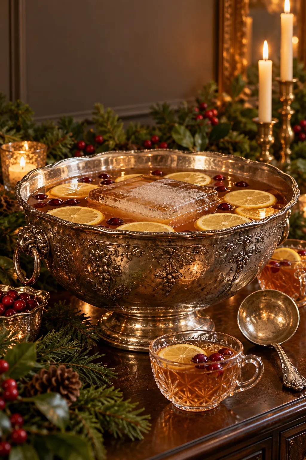 Holiday Punch: dark amber Chatham Artillery punch in a large bowl with lemon wheels